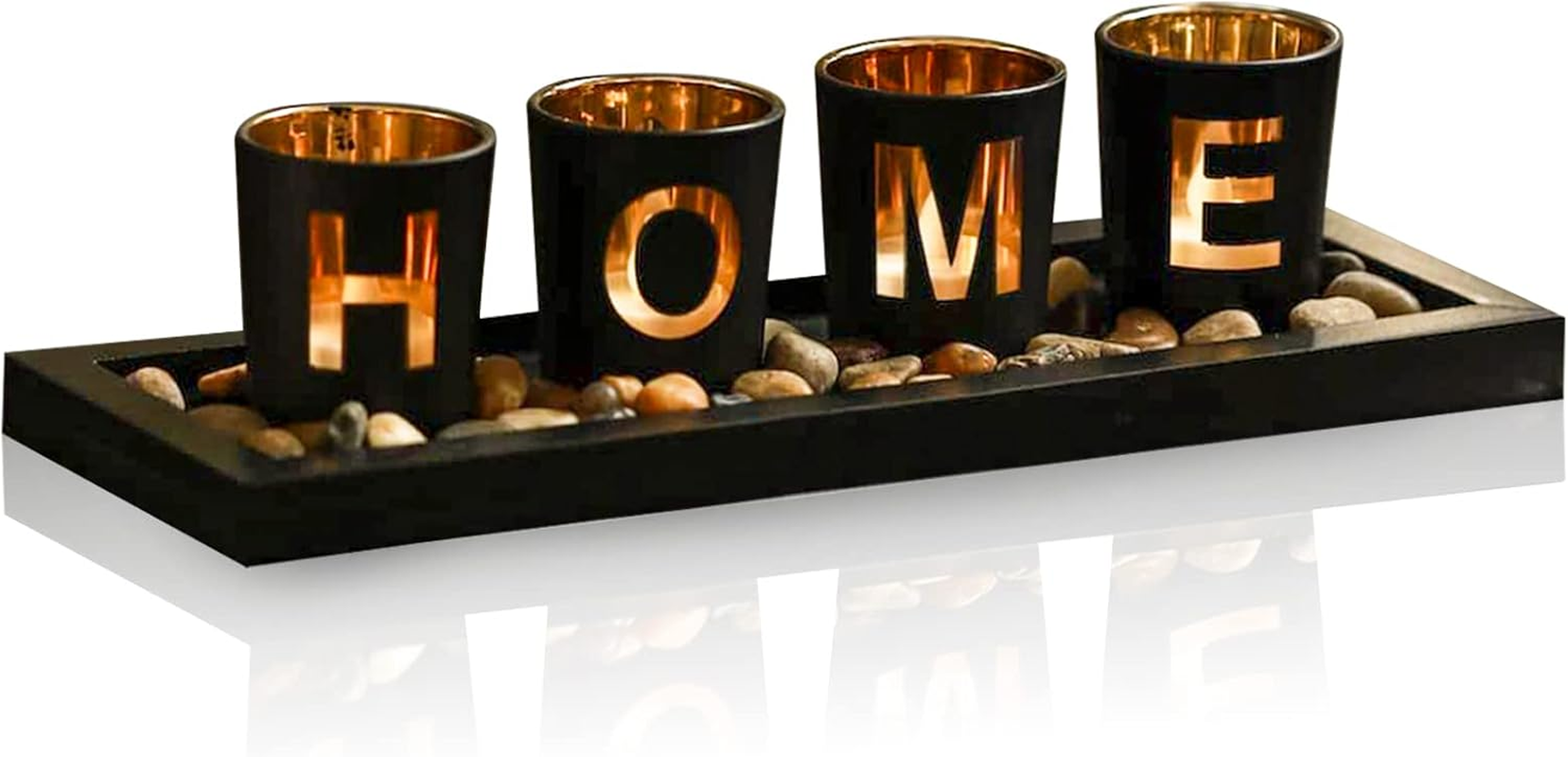 Mrmrkura Home Decorative Candle Holder Set, 4 Glass Tea Light Candleholders with Wooden Candle Holders Tray, Natural Pebbles for Home Decor Table Decorations Centerpiece image number 2