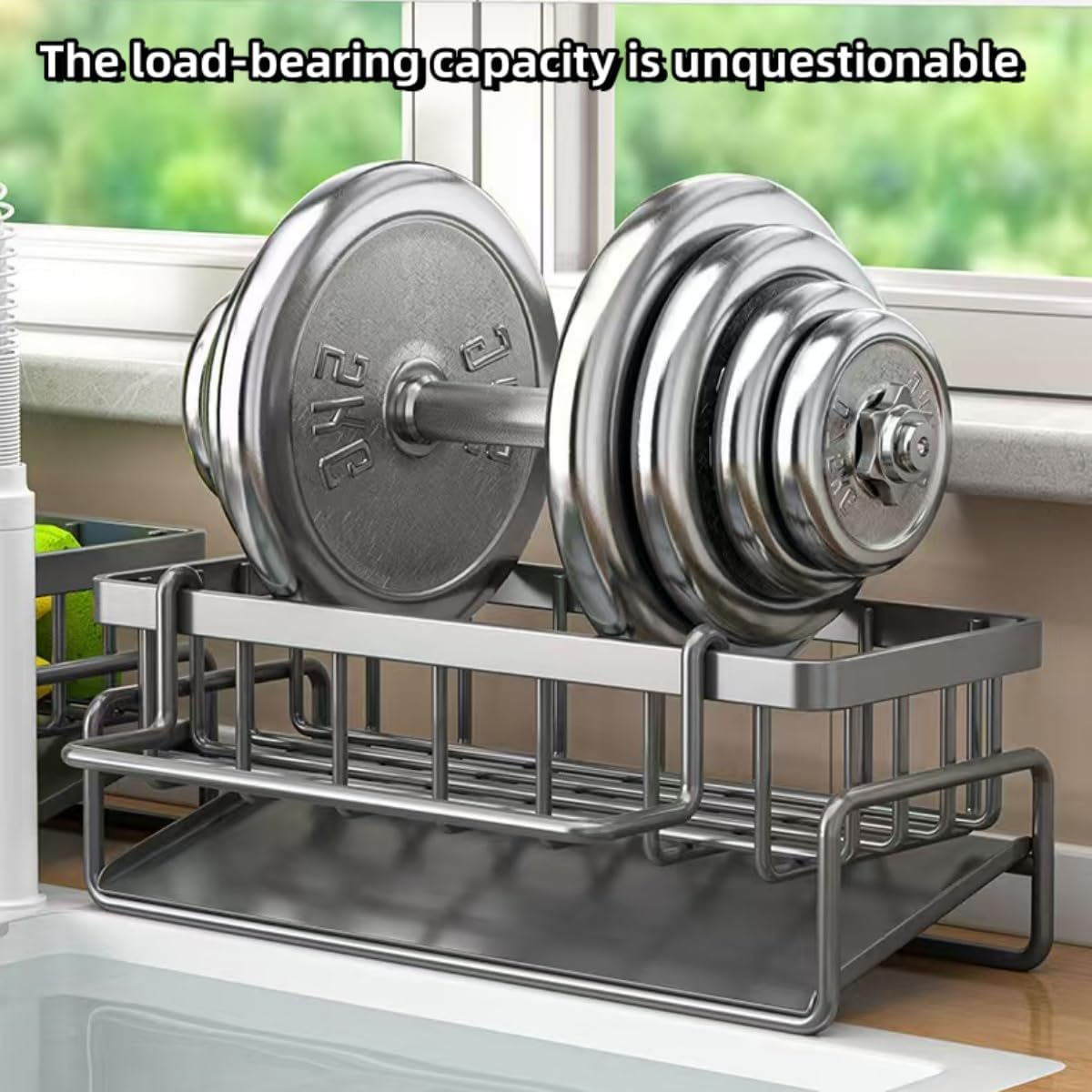 Kitchen Sink Caddy Organiser with Self Draining Tray, Sponge Holder for Kitchen Sink with Brush Holder, Dish Soap Holder, Kitchen Sink Accessories Made of Carbon Steel image number 4