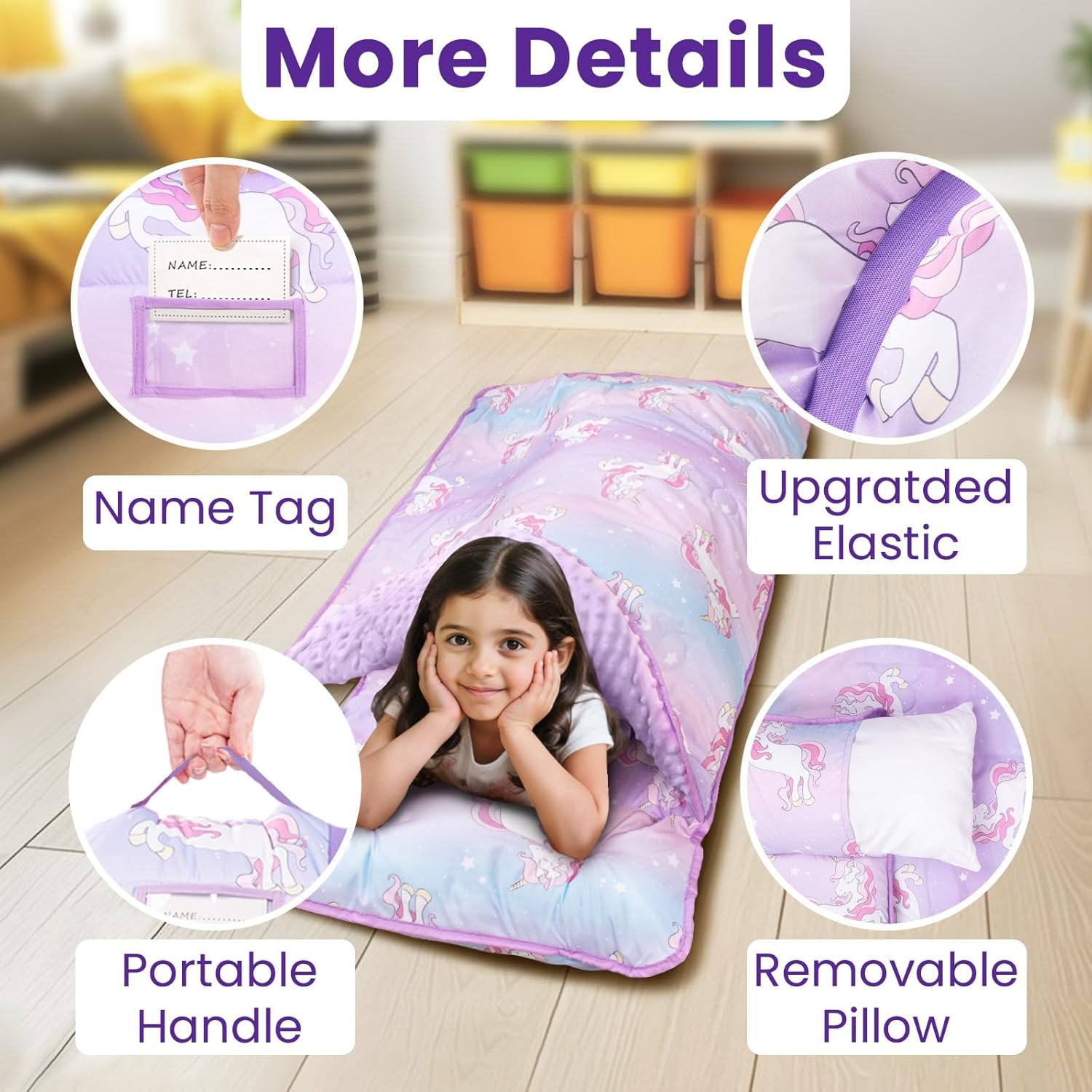 55"X22"X3" Nap Mat with Removable Pillow & Blanket, Kids Sleeping Bag with Reinforced Seams, Super Thick Padding Toddler Nap Mat for Daycare,Preschool,Kindergarten - Dinosaur image number 5