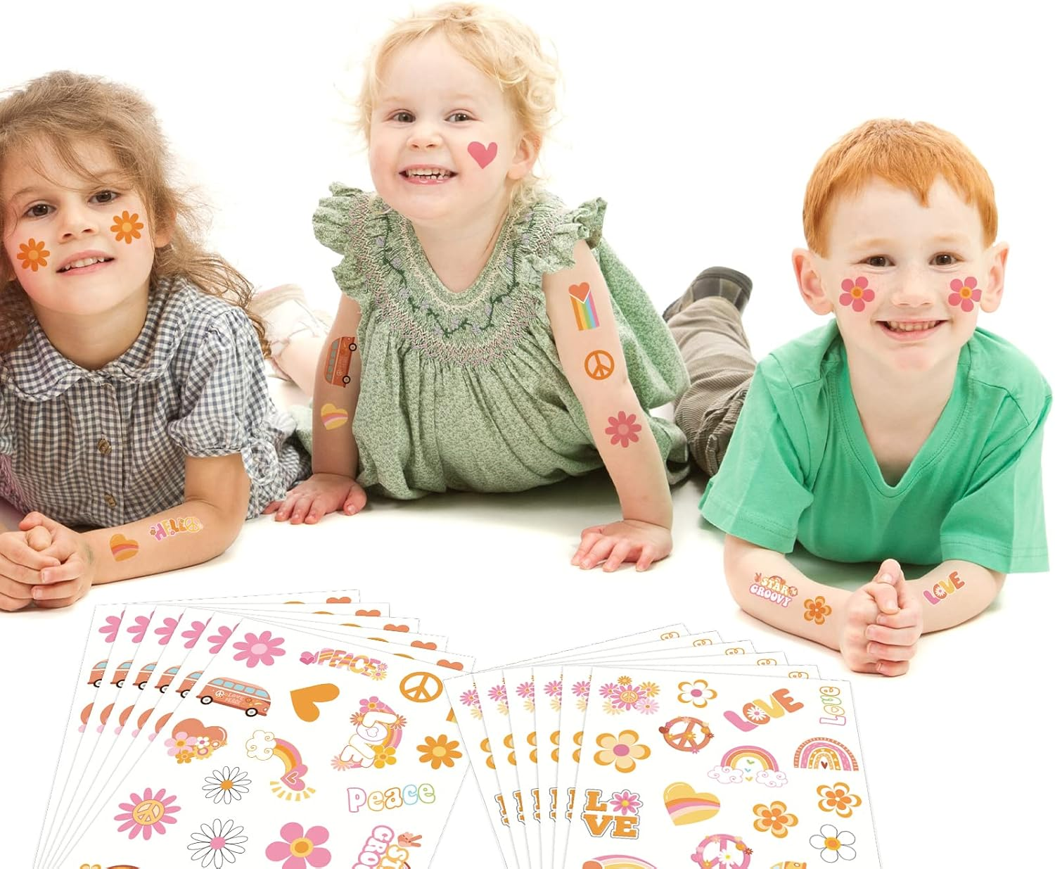 280Pcs Hippie Theme Temporary Tattoos Stickers 70'S Theme Tattoos Stickers Hippie Face Body Sticker for Adults and Kids Cute Cartoon Printing Groovy Assorted Groovy Party Supplies image number 4
