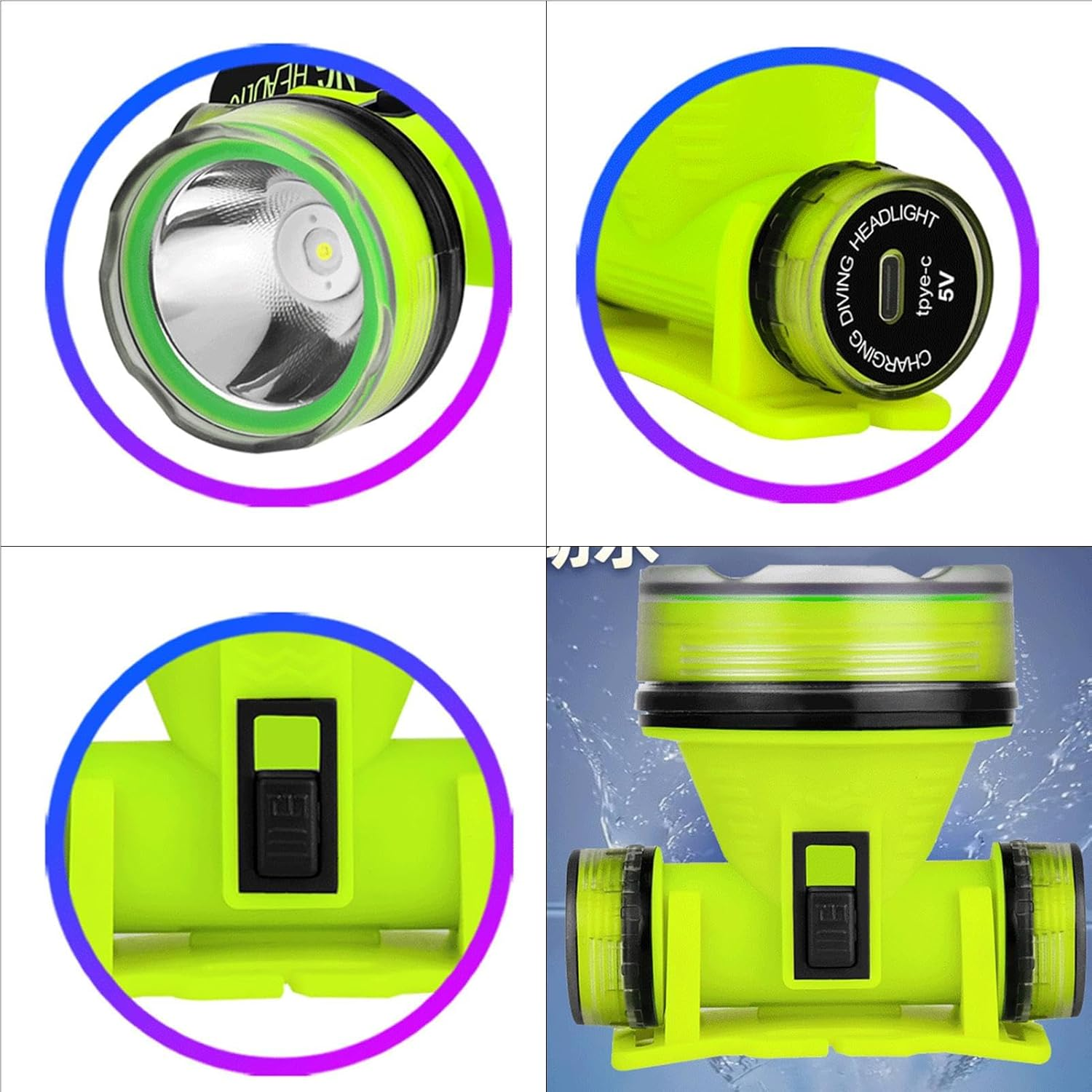 Waterproof LED Head Lamp - Gear Dive Light, Underwater Flashlight Torch | IPX8 USB Rechargeable Lamp, 350M Beam Distance Design, Perfect for Deep Sea Exploration or Night Swimming