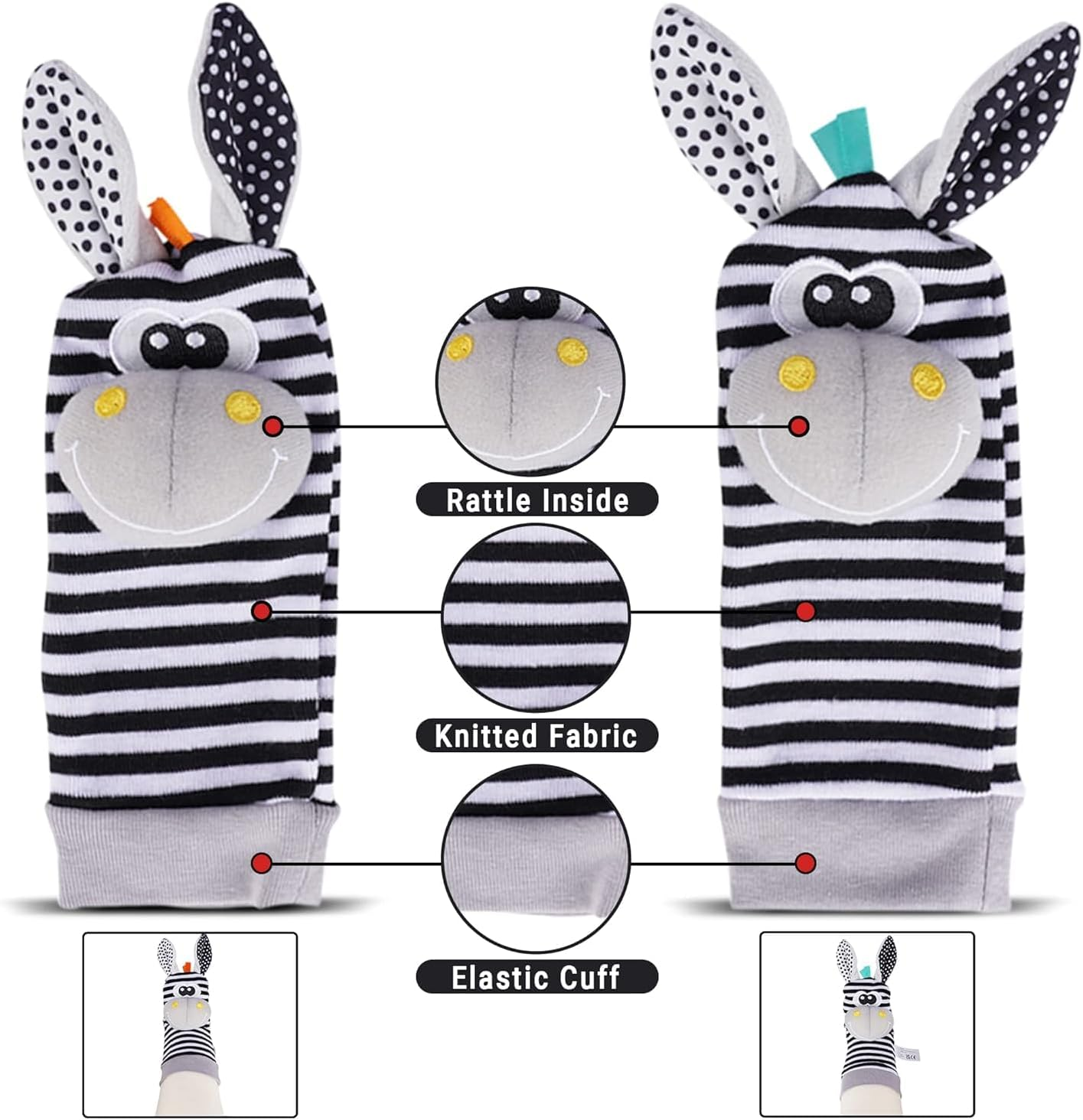 Baby Rattle Socks Wrist Strap Rattles Set, Cute Baby Animal Development Toy Gift for Newborn Babies, Black and White Foot Finder Sensory Set image number 2