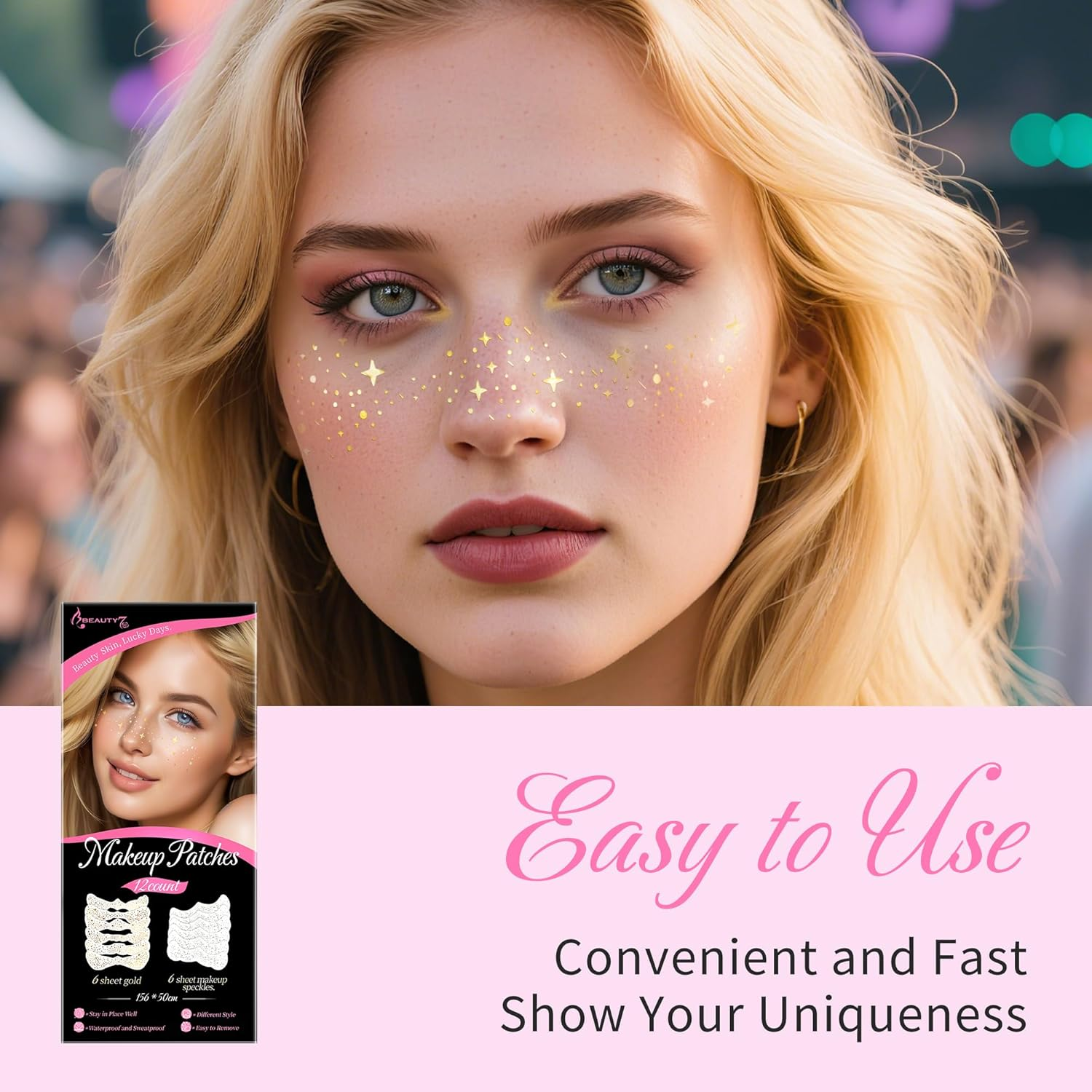 12 Pieces Girl Freckle Tattoo Stickers, Temporary Face Tattoo Waterproof Stickers, Gems Face Jewels for Music Carnival Party Makeup image number 1