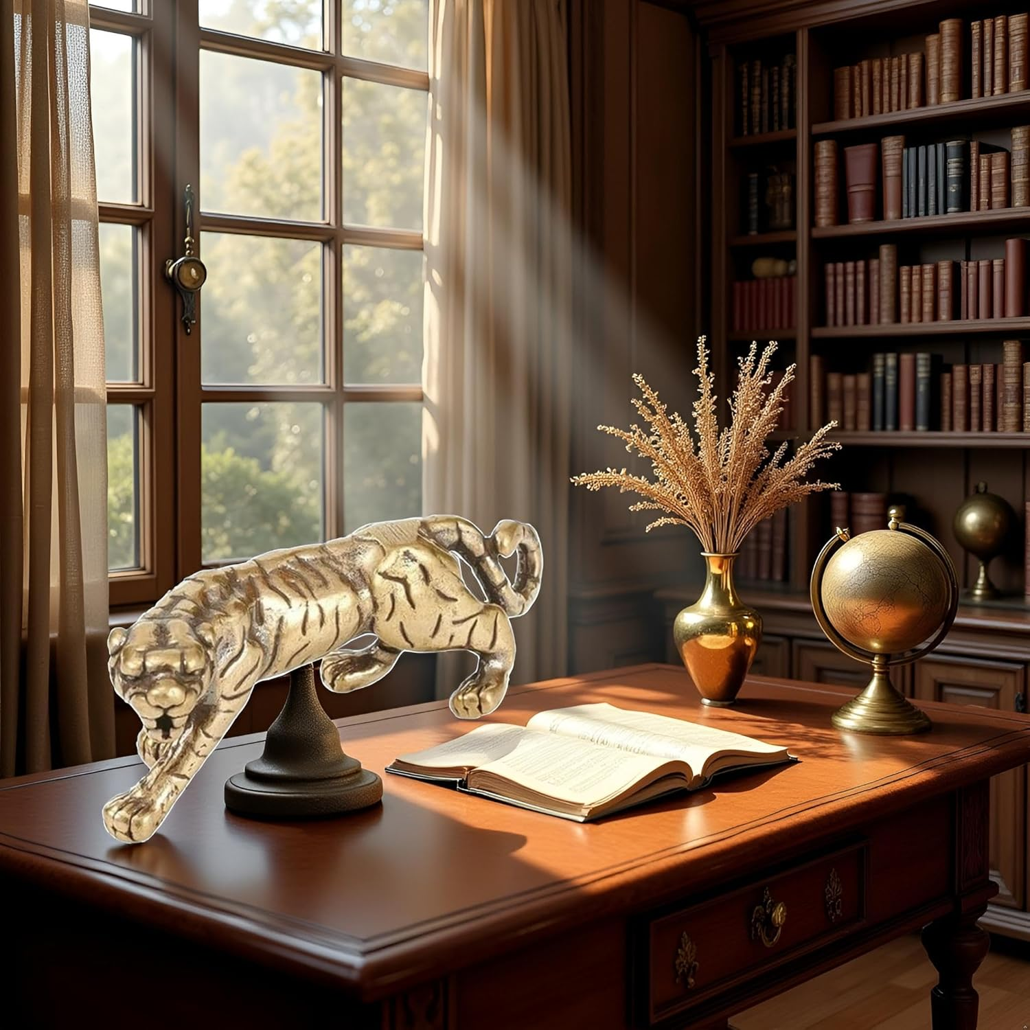 1Pc Gold Antique Copper Tiger King Figurines Home Decor Accessories Vintage Brass Animal Ornaments Desk Decorations Collectible Figurines image number 4