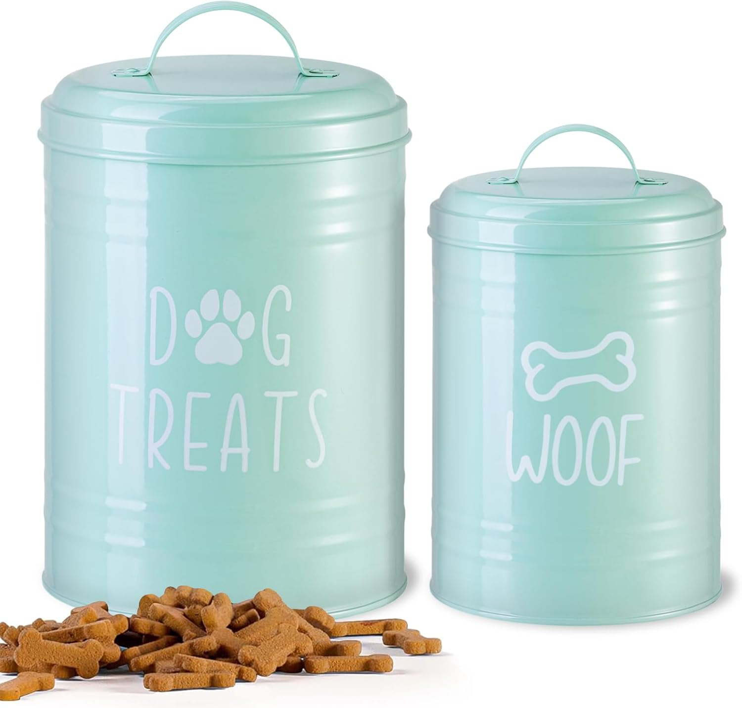 Dog Treat Container Airtight, Dog Treat Jar Set of 2 with Lid - 9X5.5''&7X4'' Metal Dog Cookie Jar for Farmhouse Kitchen Counter, Green Pet Treat Container, Dog Treat Storage Container for Dogs, Cats