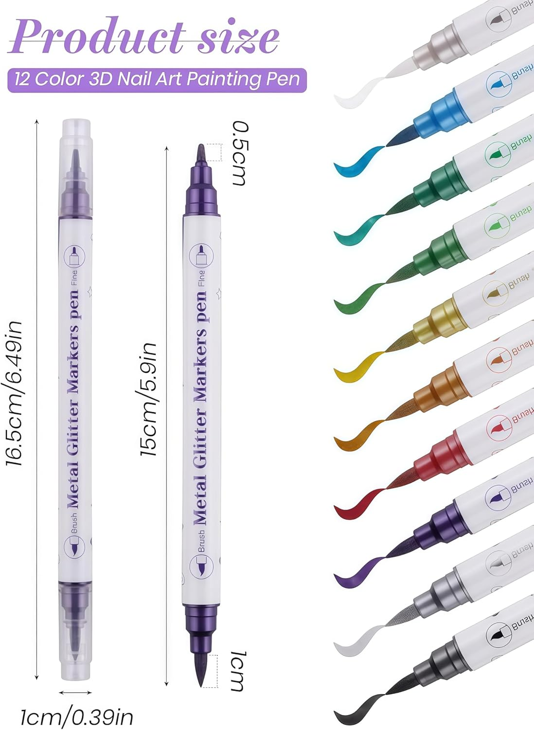 10 Color Metal Giltter 3D Nail Art Pens Set, Double-Ended Nail Point Dotting Pen Drawing Painting Liner Brush for DIY Nail Art Beauty Adorn Manicure Tools image number 2