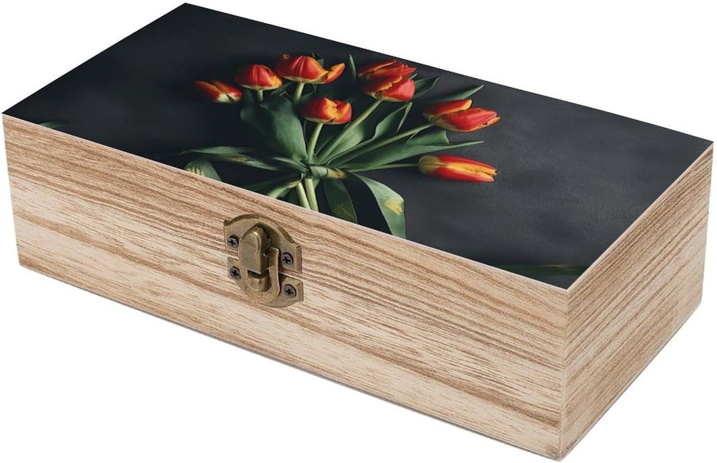 Tulips with Bows Wooden Box Wood Wedding Keepsake Boxes with Lids Small Decorative Boxes Lightweight Wooden Memory Storage Box for Crafts Keepsakes Jewelry Photo Letter Storage image number 3