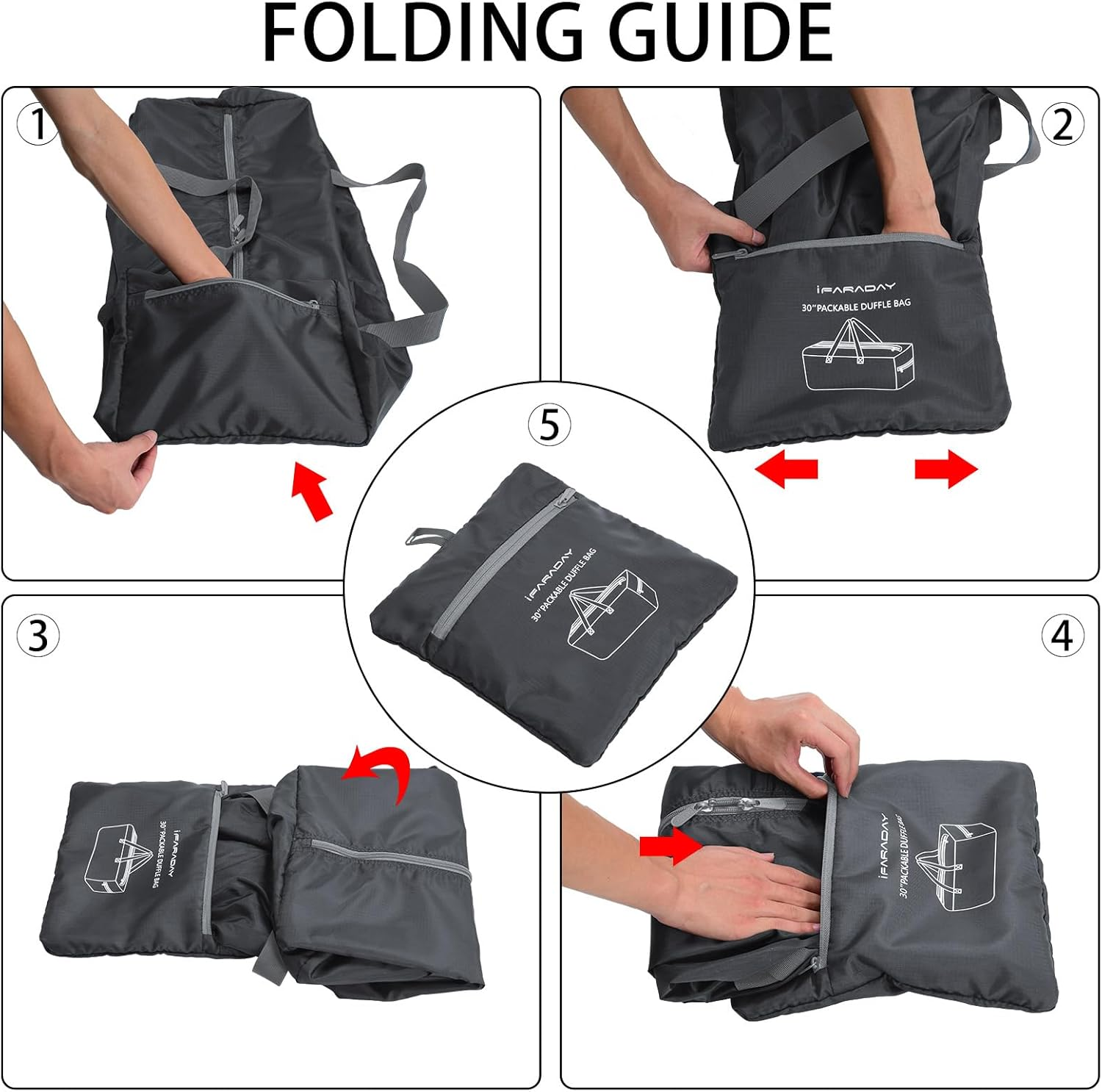 Foldable Duffel Bag 30" Lightweight 75L with Water Resistant (Grey) - Black image number 4