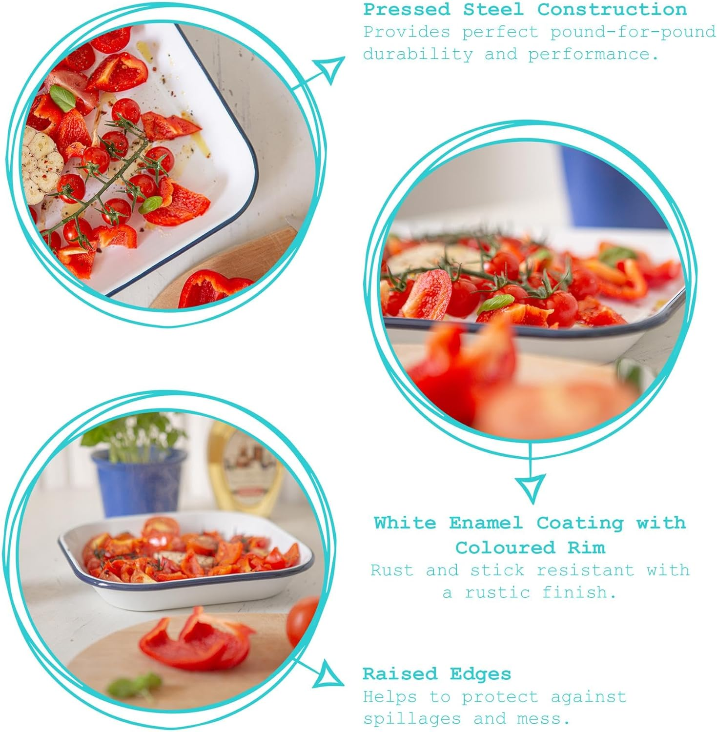 Argon Tableware Enamel Baking Tray - 34 X 26Cm - Green Rim - Lightweight Metal Rectangular Enamel Oven Tray Kitchen Bakeware Flat Cooking Pan for Roasting, Baking - White image number 4