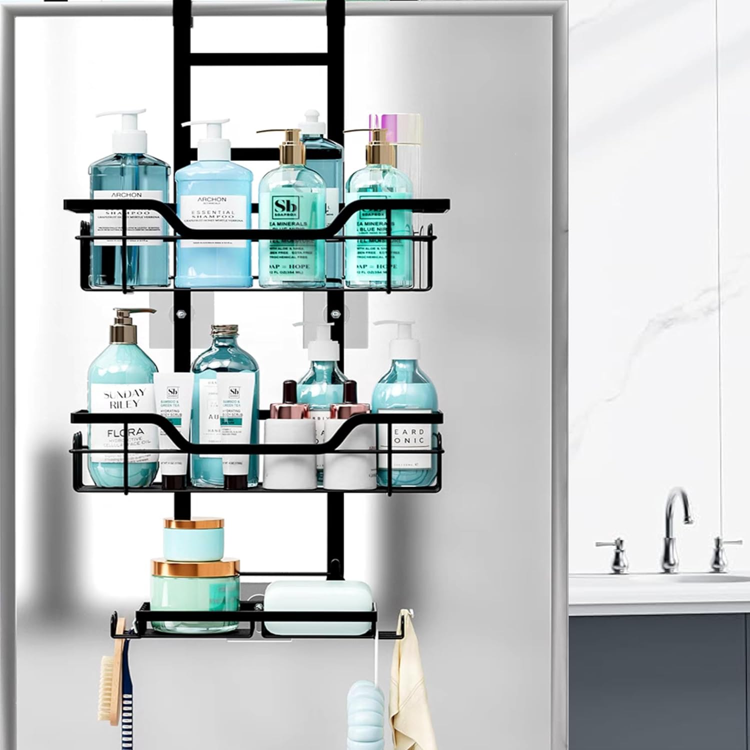3 Tier over the Door Shower Caddy Hanging Shower Shelf with Soap Holder, Bathroom Hanging Shower Caddy over the Door Hanging Shower Basket with 4 Hooks, Toiletries Organizer for Bathroom Storage image number 2