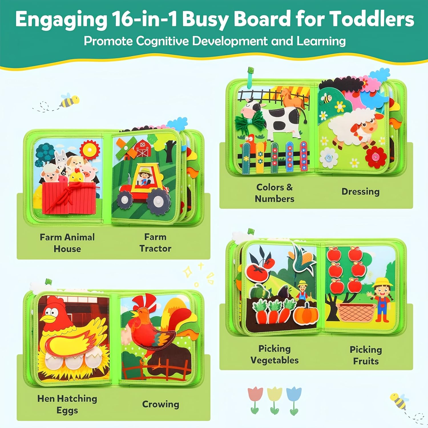 Febohao Busy Board for Toddlers 1-3 Activities Travel Toys for Plane Montessori Baby Busy Book with 8 Interactive Pages Learning Education Sensory Farm Animals Toys image number 2