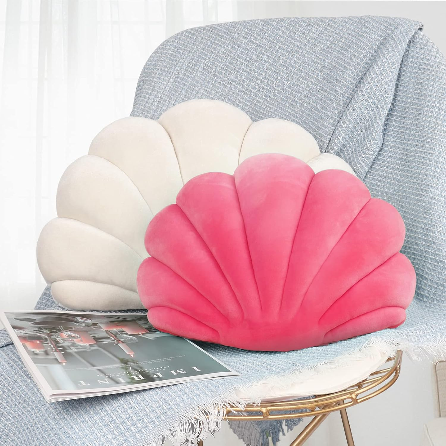 Yi-Gog Sea Princess Seashell Decorative Pillow,1 Cotton Linen Throw Pillowcases Sea Ocean Theme Seashell Conch Decorative Pillowslip Home Office Decor Seashell Shaped Throw Pillow (Medium Pink) image number 4