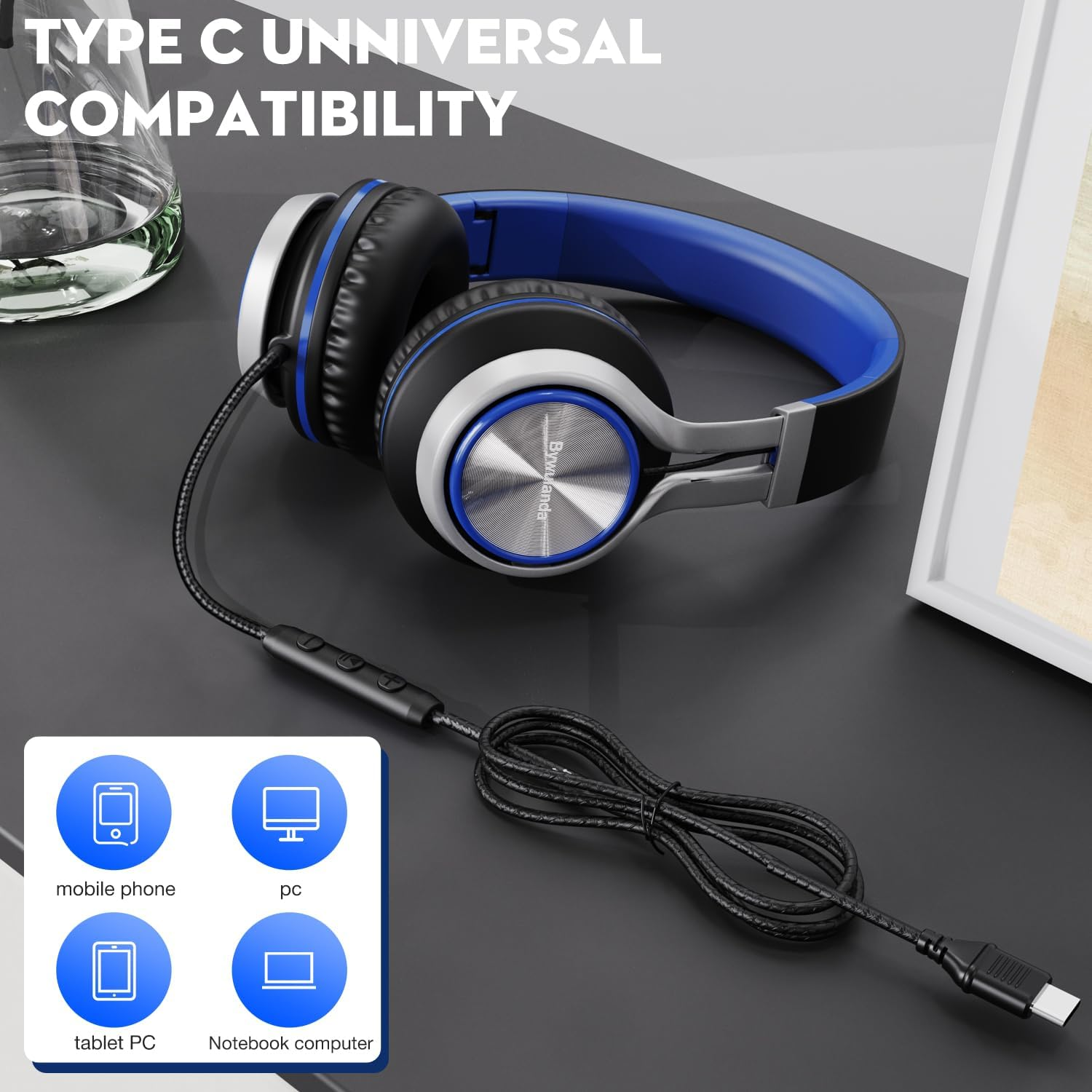 Bywulanda USB C Headphones with Mic and Volume Control, over Ear Stereo Headsets for Iphone 15 16 Pro, Wired Foldable Headphones for Smartphones Chromebook Laptop Tablets Travel (Black/Blue) image number 5