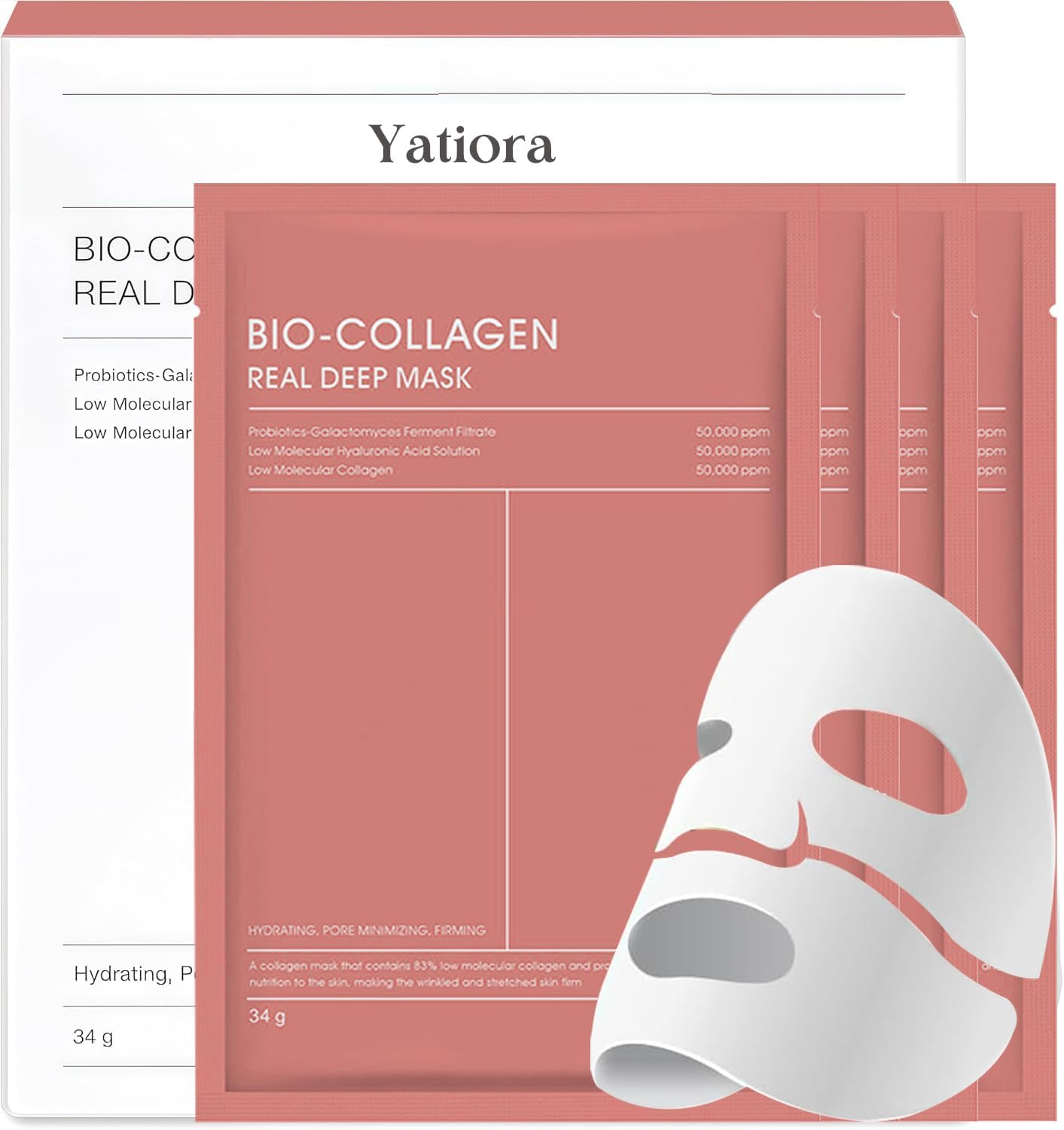 Bio-Collagen Real Deep Mask, 4 Pack Overnight Hydrating Face Mask for All Skin Types, Original Hydrating Collagen Face Mask