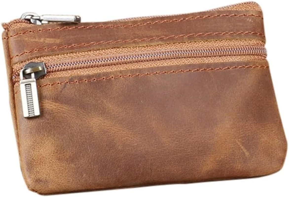 JDFHFGB Coin Purse Leather Mini Pouch - Slim Small Coin Bag with Key Ring & Card Holder, Double Zip Wallet Organizer for Men Women， Compact Size 11X7.5Cm, Brown,