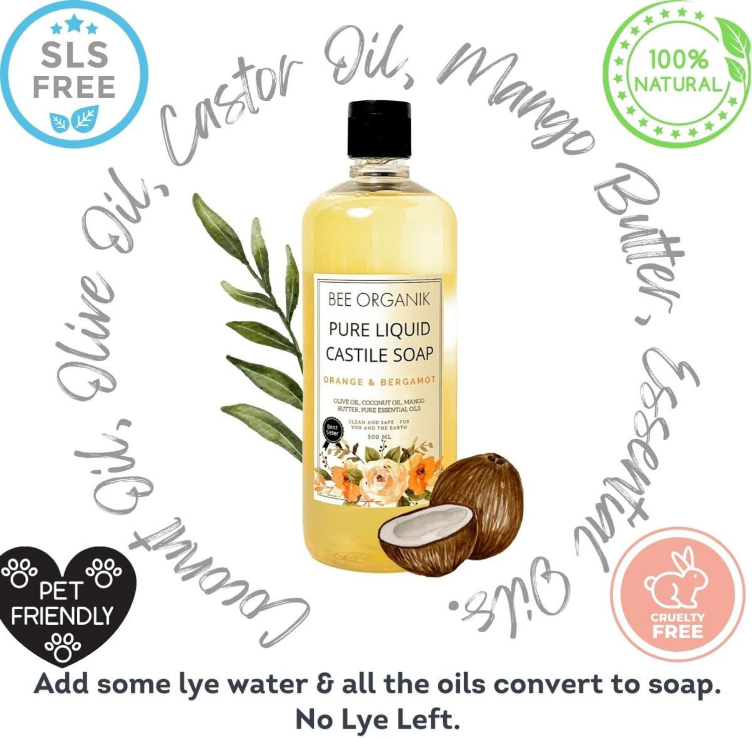 BEE ORGANIK Pure Liquid Castile Soap for Face, Body, Hair | Natural, Organic and Safe | Eco-Friendly and Non-Toxic | Hands and Body | Baby and Pet Safe| 475 Ml image number 4