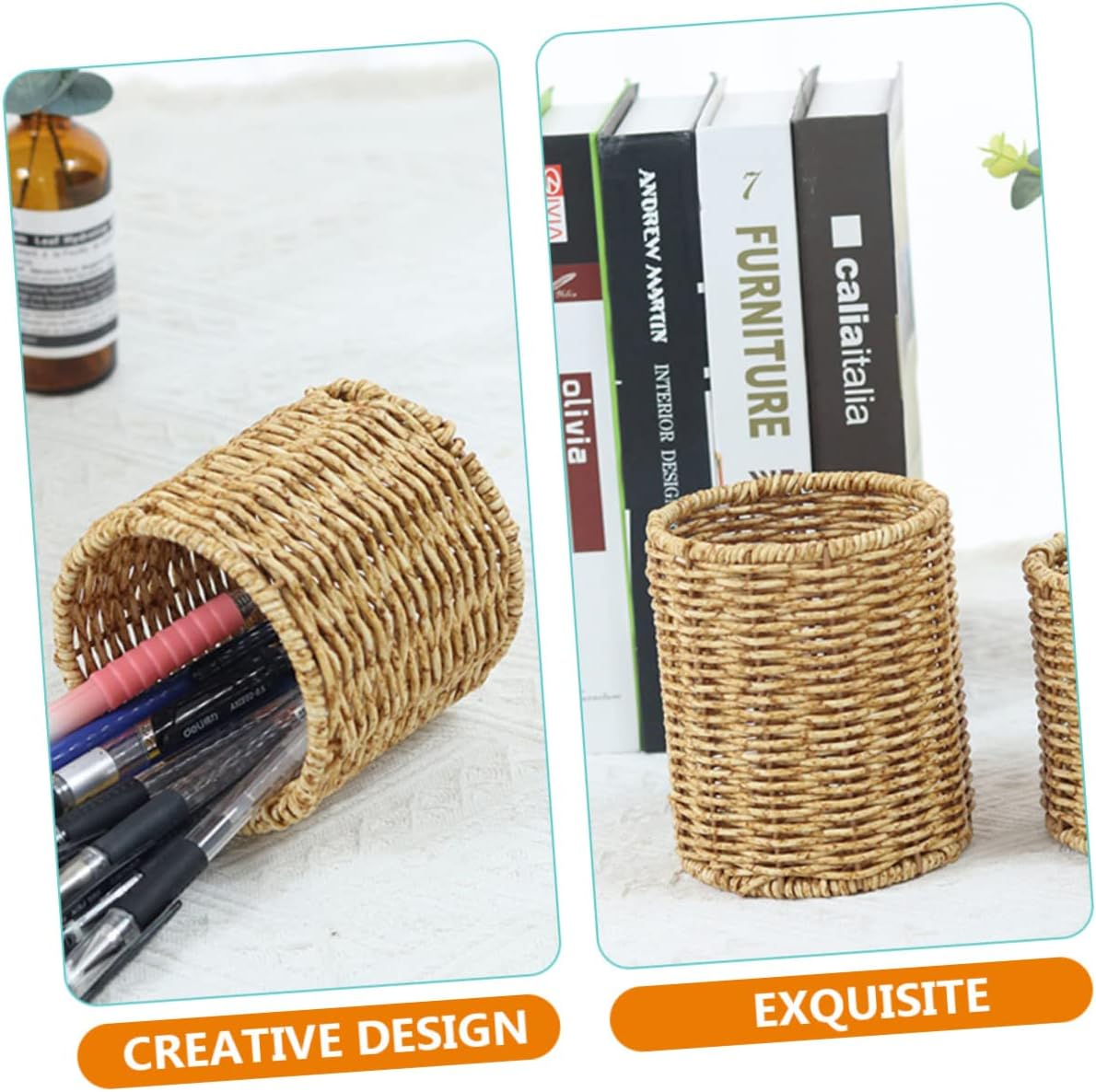 STOBOK 3Pcs round Pen Pot Imitation Rattan Pencil Holder for Desk Stylish Gel Pen Container Cute Pencil Pot for Home Office Use