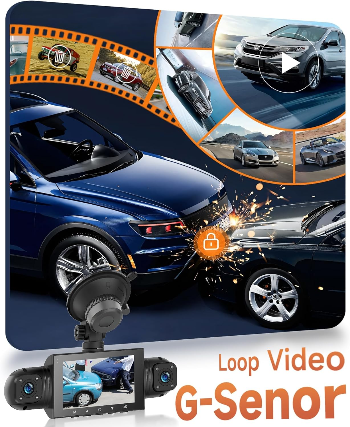 4 Channal Dash Cam 360&deg; Car Recorder Front and Rear inside Side，3 Inch 1080P DVR Camera with 480 Rear Pull + G-Sensor, Rearview, Night Visio, Loop Record, 24H Parking Watch image number 4