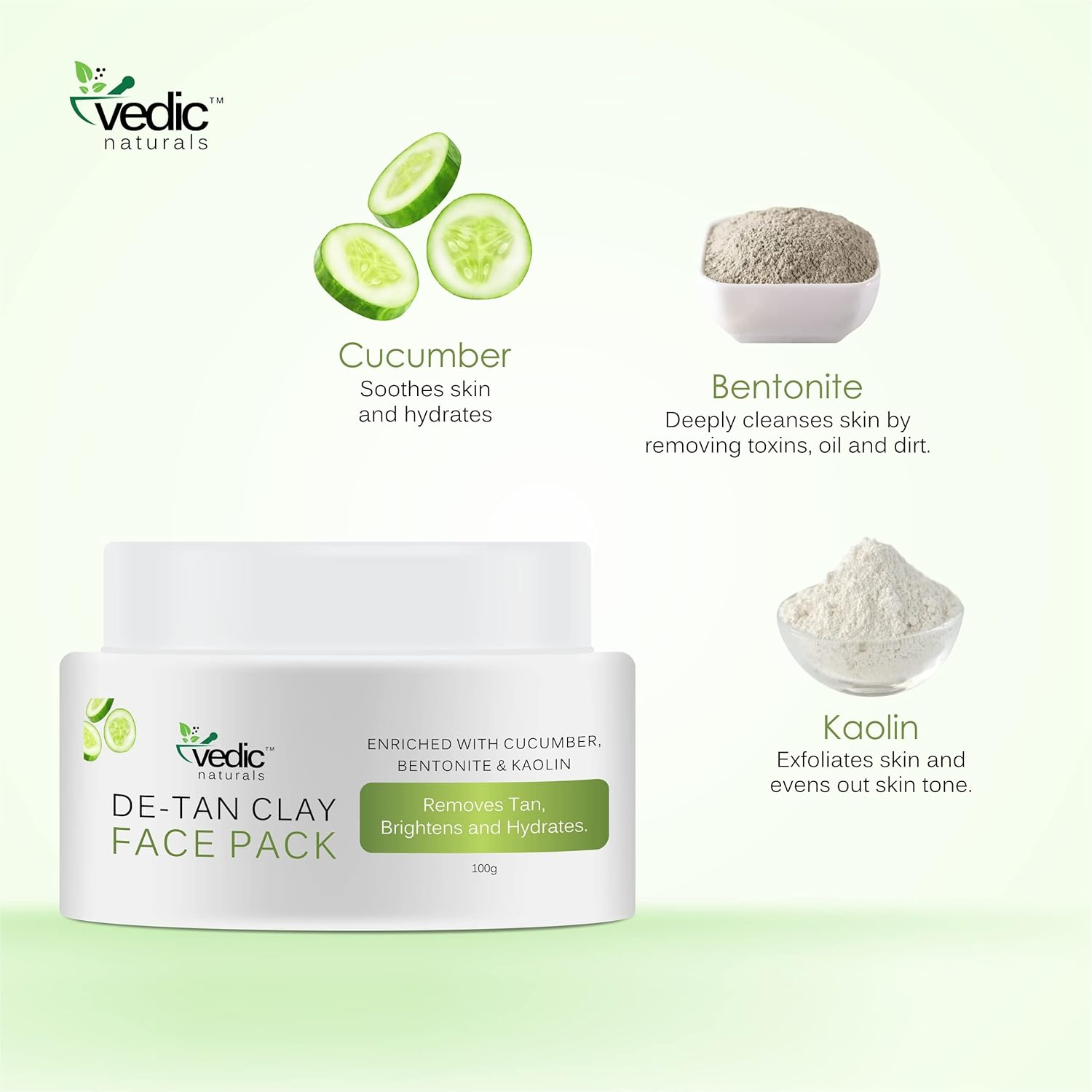 Vedic Naturals De Tan Face Pack 100G Enriched with Cucumber Extract Bentonite Clay & Kaolin Clay Removes Tan Skin Brightening & Hydrates 100% Organic image number 1