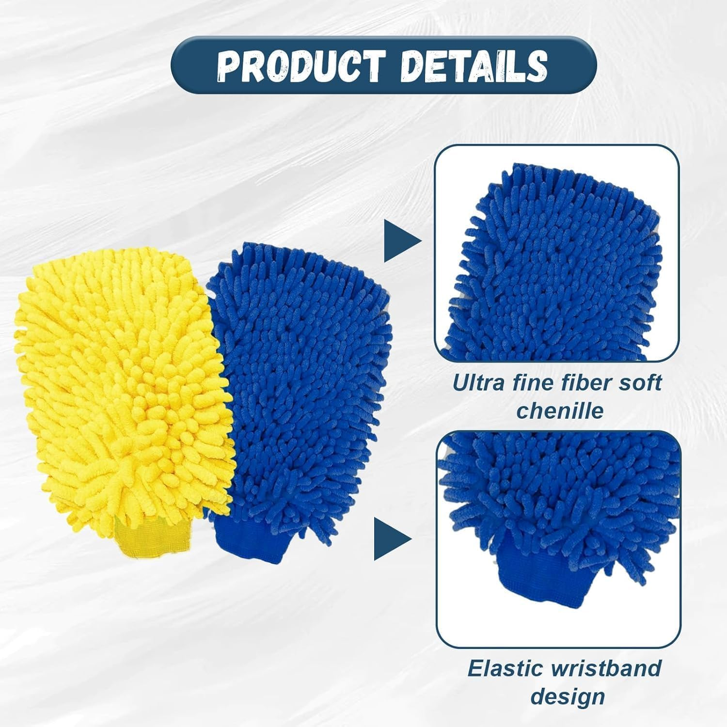 2 Pcs Car Wash Mitt Double Sided Soft Microfiber Glove Machine Washable Chenille Durable for Cleaning(Blue & Yellow) image number 1