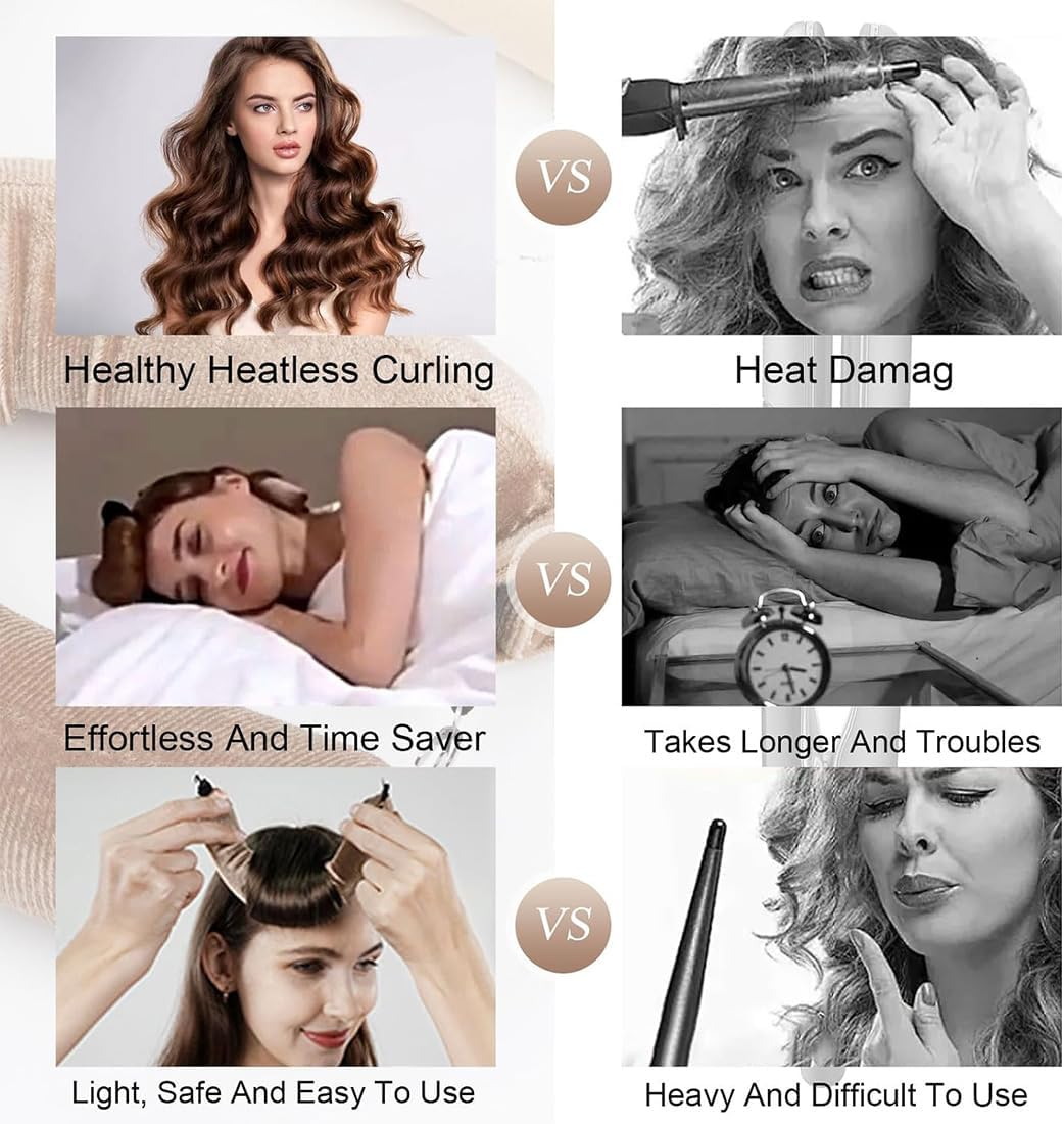 KIRZAX Heatless Curls Band, Pack of 4 Overnight Overnight Blowout, Heat Free, DIY Overnight Curls Rubber, Curls Overnight with Hooks, for Medium Long Hair (Brown)