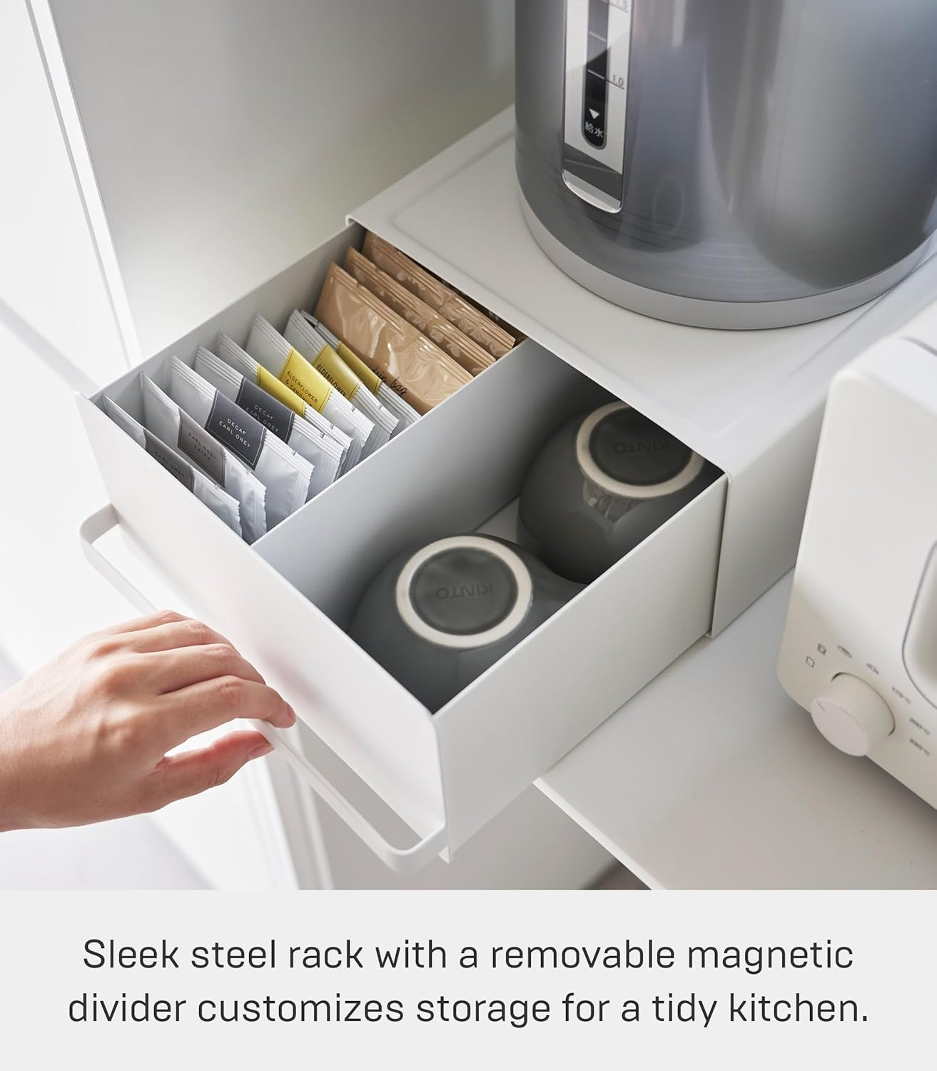 Yamazaki 2018 Kitchen Appliance Rack with Drawers, White, Approx. W 8.7 X D 10.8 X H 4.5 Inches (22.2 X 27.5 X 11.5 Cm) (Including Handles), Tower Slide Shelf, Storage for Small Items, Tea Pack Storage image number 3