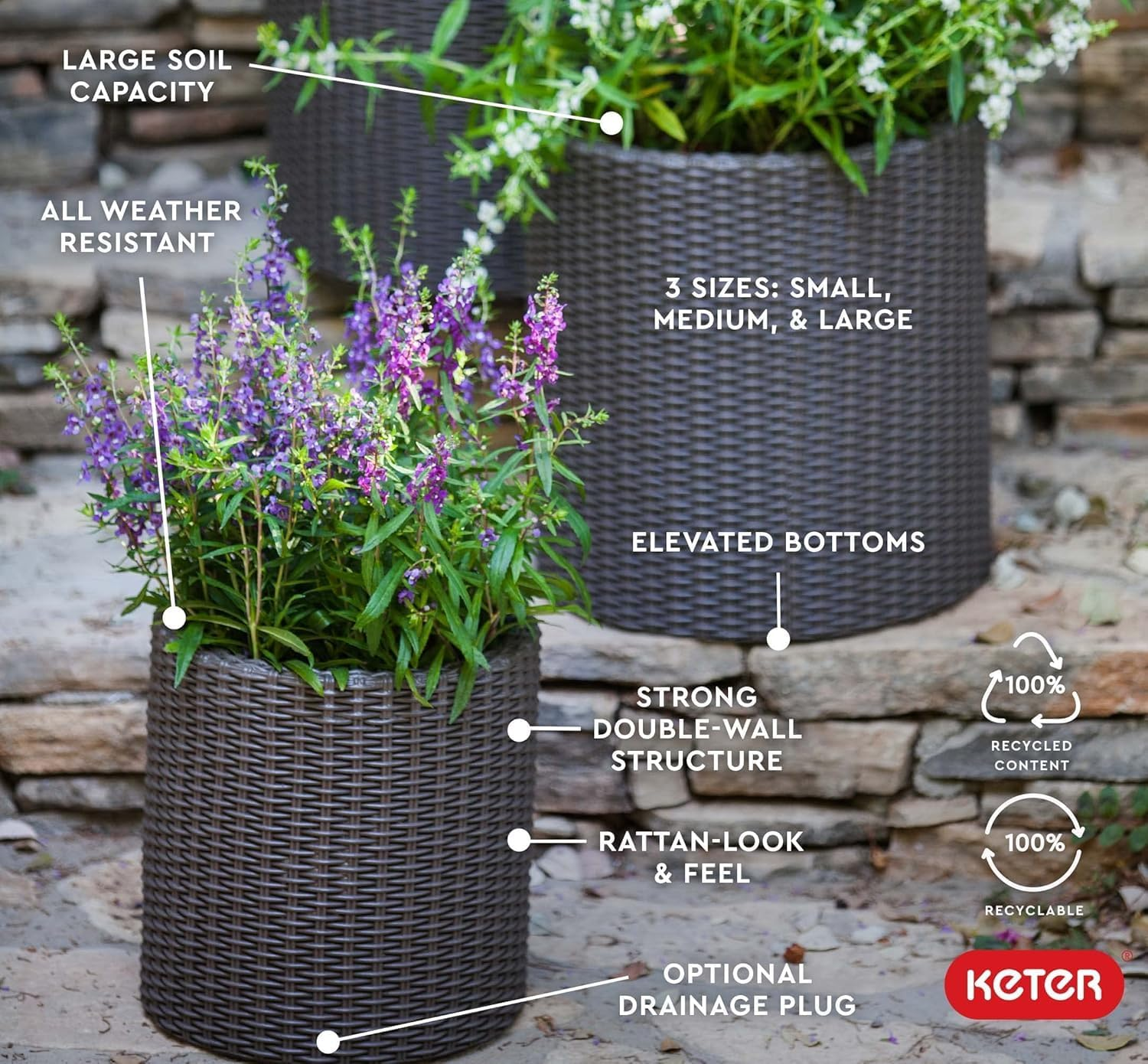 Keter Cylinder Planter, Brown, Small/Medium/Large (Pack of 3) image number 5