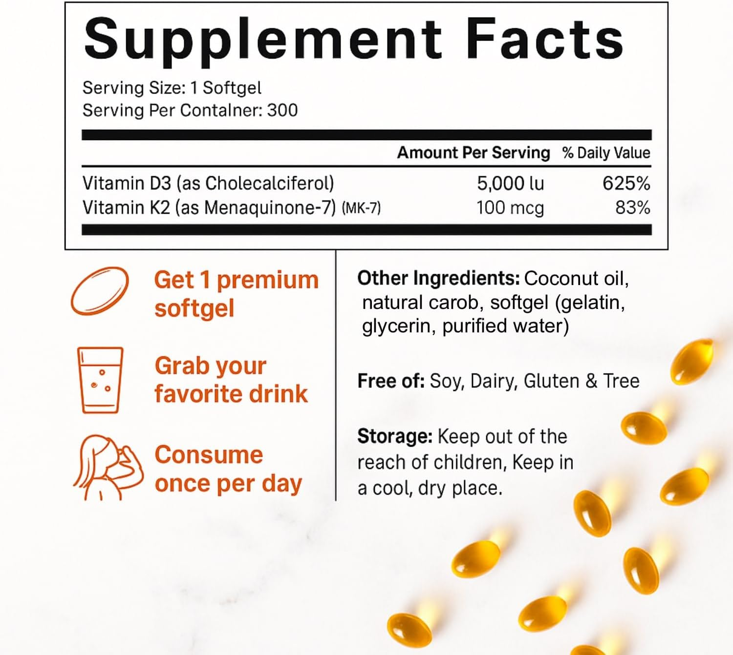 300 Vitamin D3 + K2 Supplement | 5000 IU D3 + 100 Mcg K2 | 1 Capsule per Day | High Strength 2-In-1 Formula | Enhanced Absorption with Coconut Oil | Non-Gmo by Glowbelly image number 5