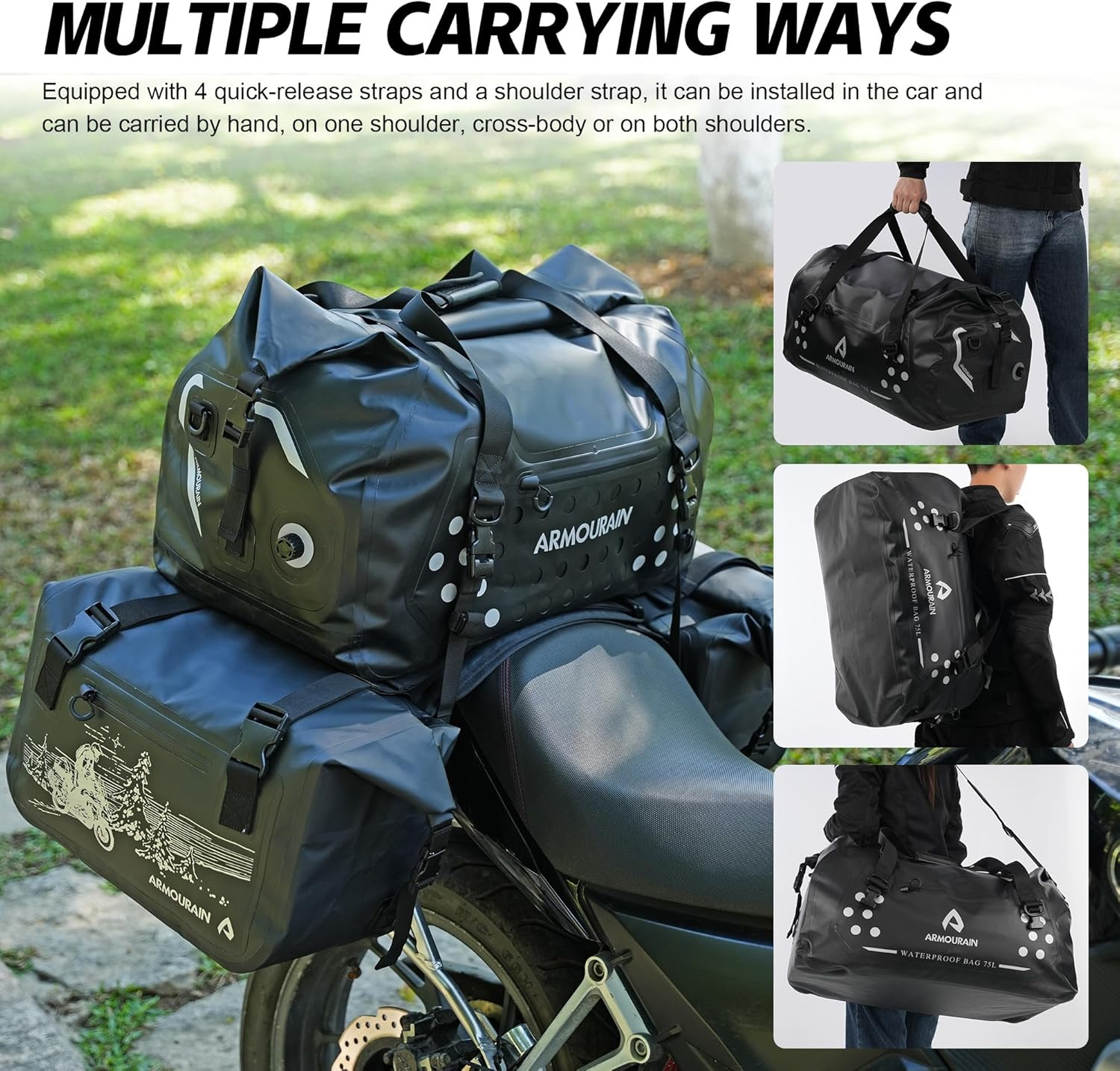 ARMOURAIN Motorcycle Dry Bag 75L Large Waterproof Duffel Bag Foldable Duffel Trunk Seat Bag for Travel,Boating,Motorbike,Kayaking (Black) - Black image number 3