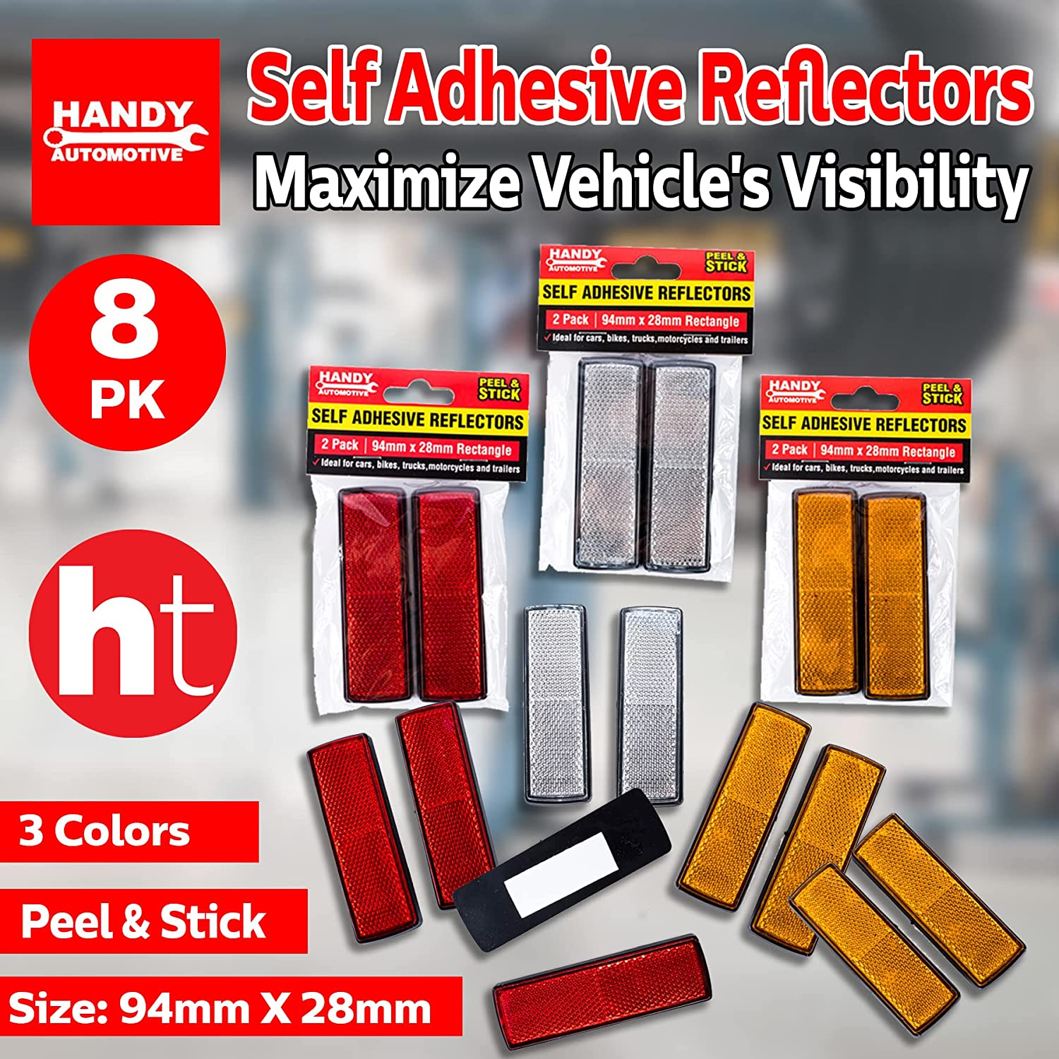 [16PCE] Handy Automotive Self Adhesive Reflectors, Peel & Stick, Ideal for Cars, Bikes, Trucks, Motorcycle and Trailers, Maximize Vehicle'S Visibility All the Day and Night image number 1