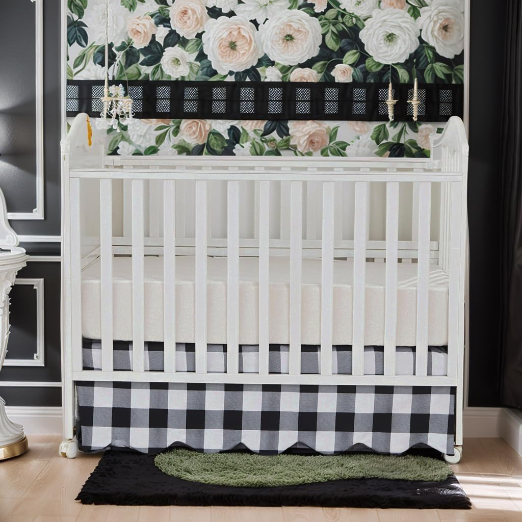 Brandream Scallop Edge Cotton Crib Skirt, Baby Boy Girl Gender Neutral Crib Skirt Toddler Bedskirt Farmhouse Chic Nursery Crib Bed Skirt, Boho Bohemian Green Gingham