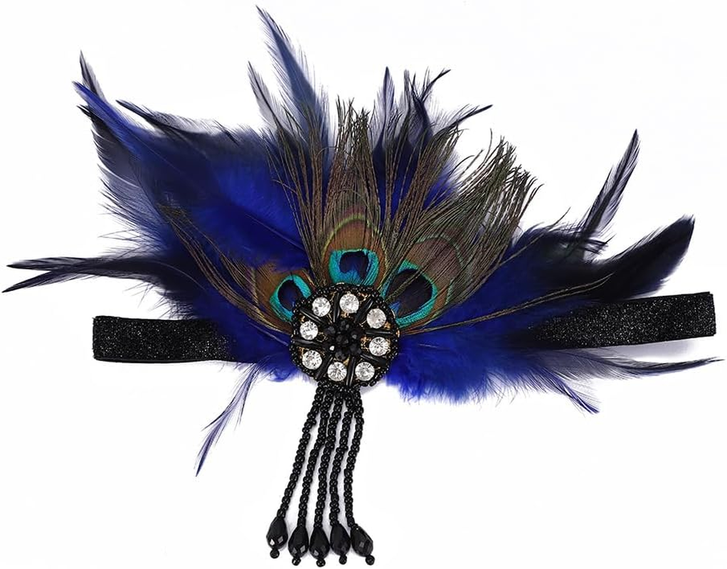 Aoozleny 1920S Feather Headwear, Beaded Fringe Rhinestone Headpiece, Roaring 20S Great Gatsby Headpiece Hair Accessories for Women