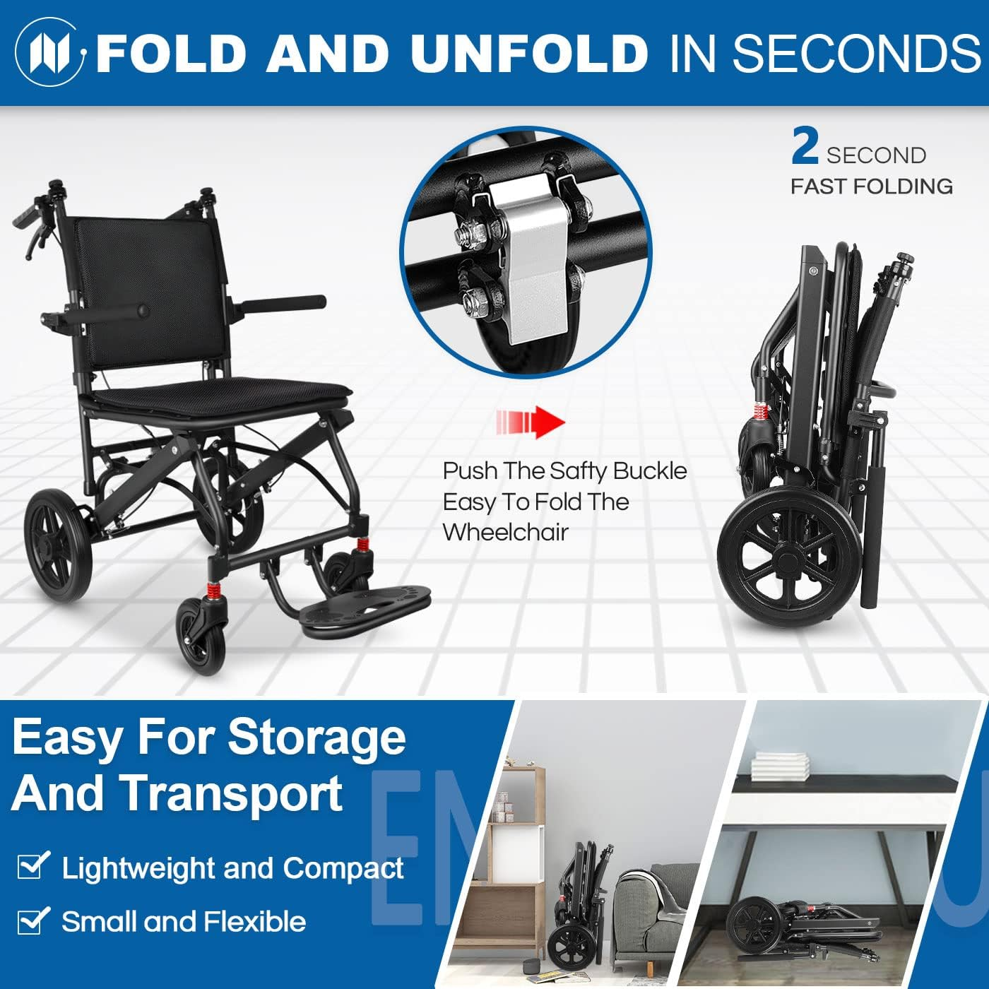 Ultra Light Transport Wheelchairs for Adults Weight 12KG, Lightweight Folding Wheelchairs for Seniors Support 220Lbs, Compact Travel Wheelchair Portable image number 6