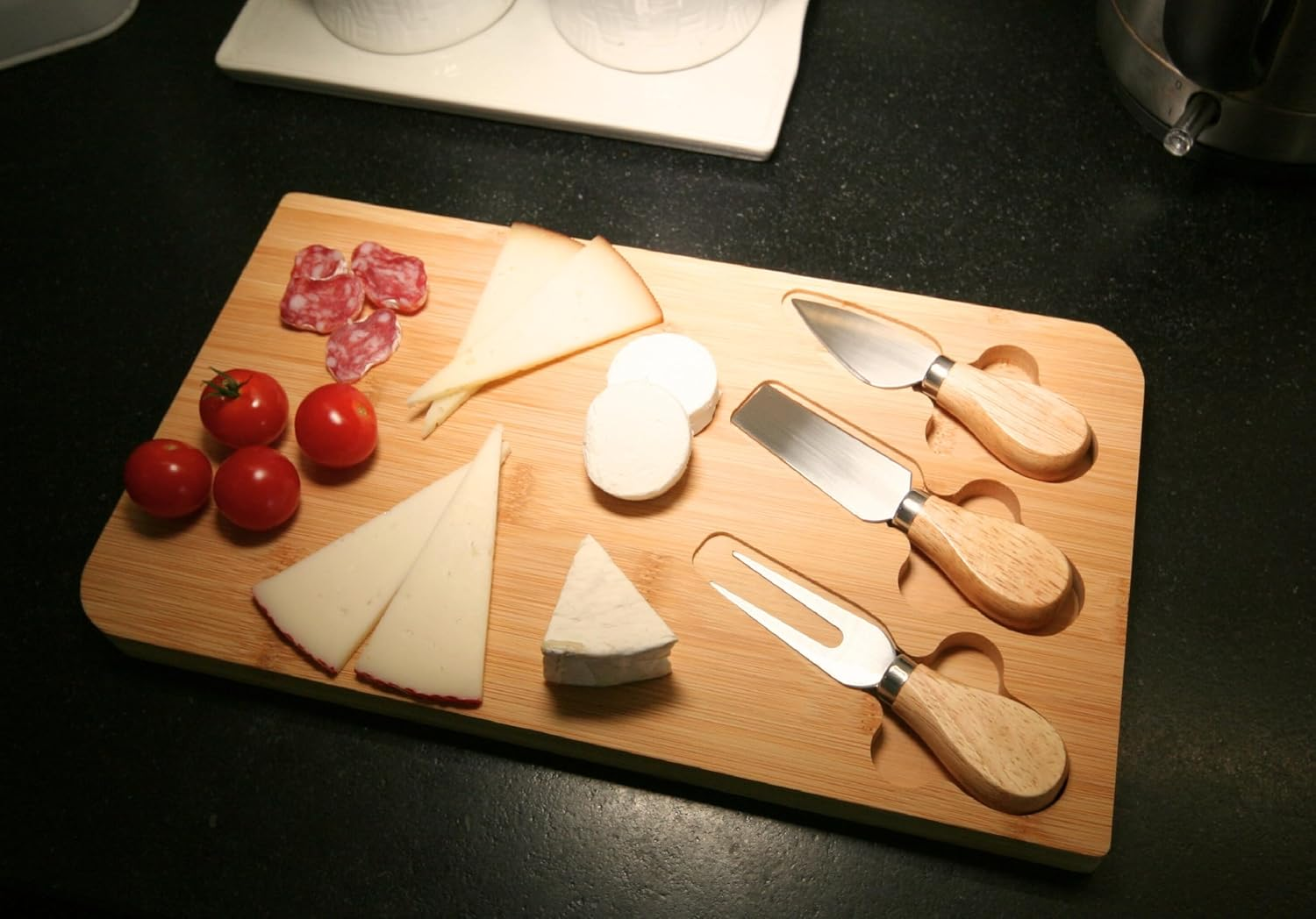 Bamboo Cheese Board with Knives - Set of 4 - Serving Board for Appetizers, Cold Cuts and Snacks - Elegant and Durable Special Dinner image number 6