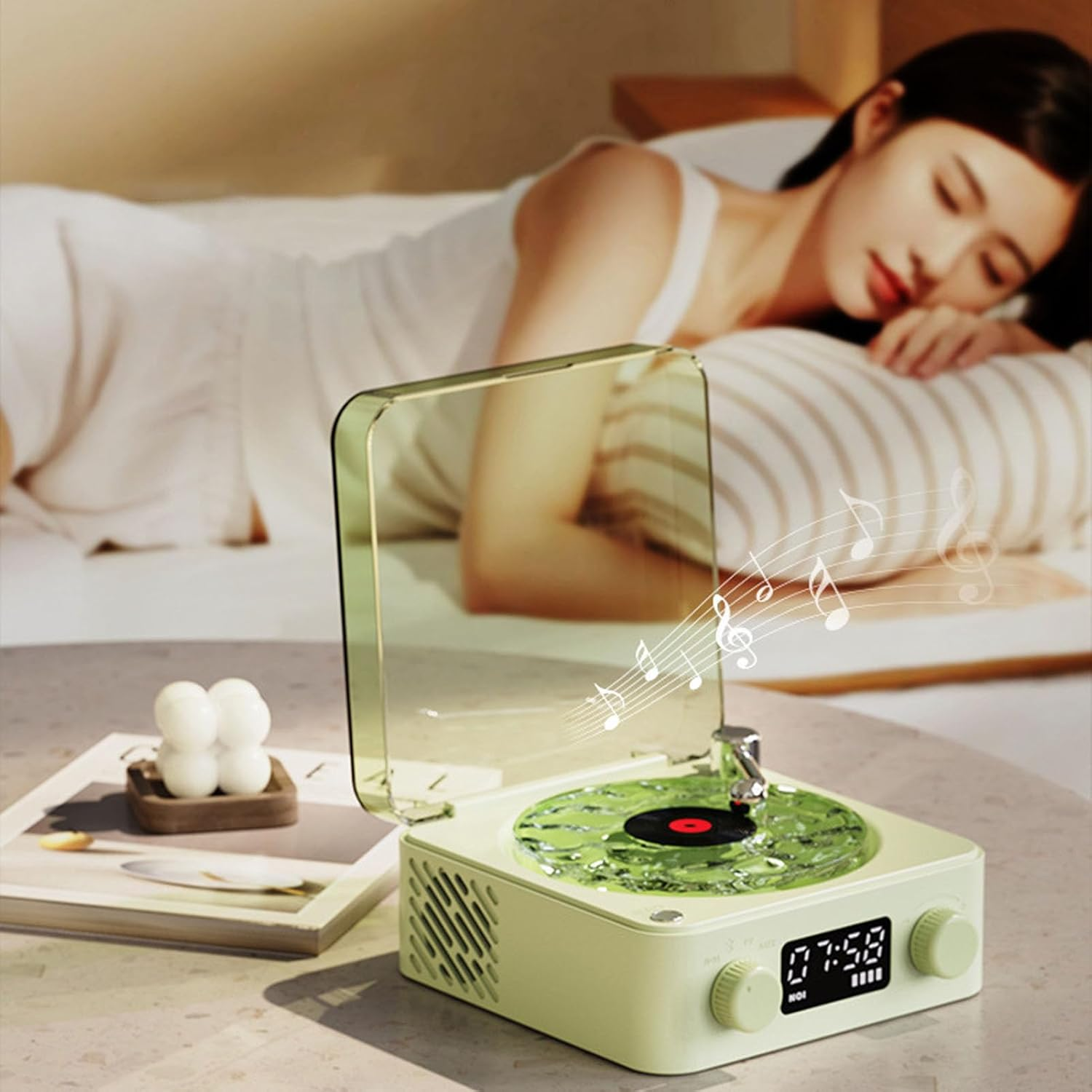 Retro Bluetooth Speaker, Vintage Record Player Bluetooth Speaker, with Ambient Lights, Support Bluetooth, TF Card, AUX, White Noise (Green) - Rosa image number 5