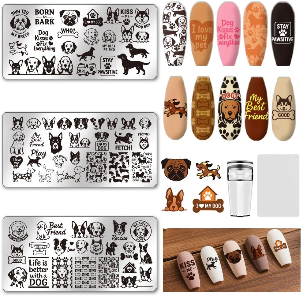 UNICRAFTALE 3Pcs Cute Dog Nail Stamp Plates Set Pets Animals Nail Stamping Plate Puppy Love Image Nails Stencils Dog Paws Design Nails Art Stamping Template with Stamp and Spacer for Lover Manicure image number 5
