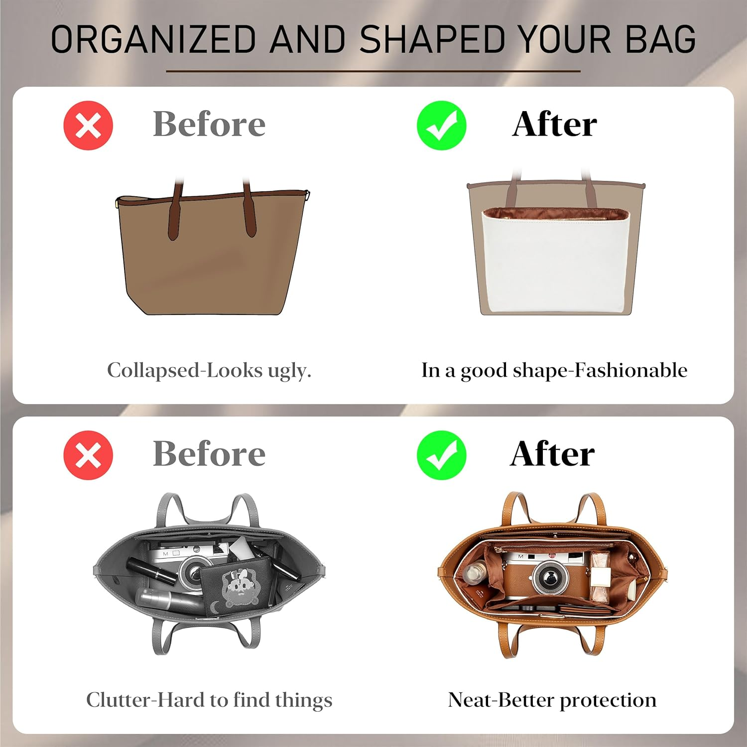 Doxo Purse Organizer Insert for Coach City Tote 30, Lightweight Tote Bag Organizer with Keychain, 9 Pockets Bag Insert with Cup Holder Zippered Section, Handbag Organizer Storage Divider (White Brown) image number 5