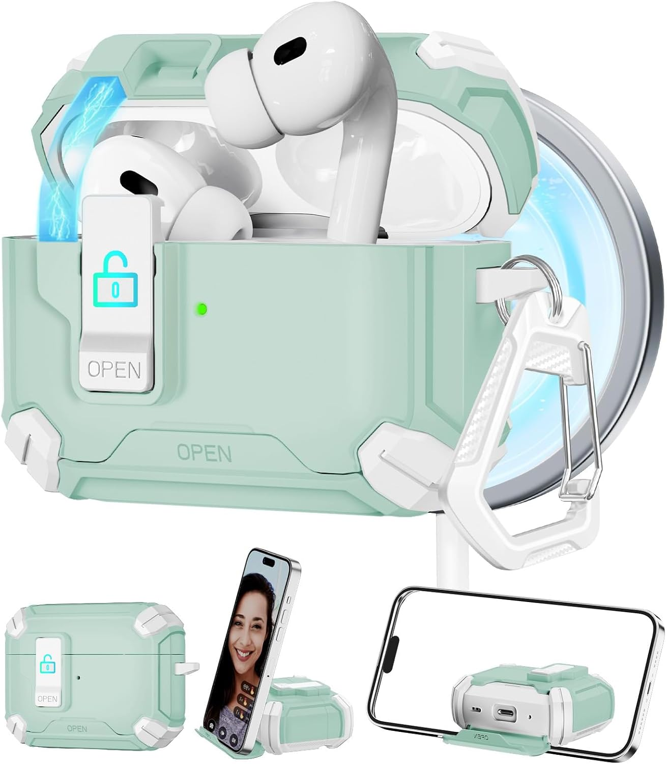 Komiyaa for Airpods Pro 3 Case (2025) with Phone Stand, [Compatible with Magsafe Wireless Charging, Magnetic Automatic Lock Cover with Keychain for Airpods Pro 3Rd Generation (Green) - Black/White image number 6