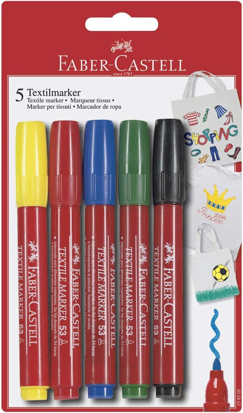 Faber-Castell 159505 Textile Marker 53, Pack of 5, 1 Yellow/Red/Blue/Green/Black