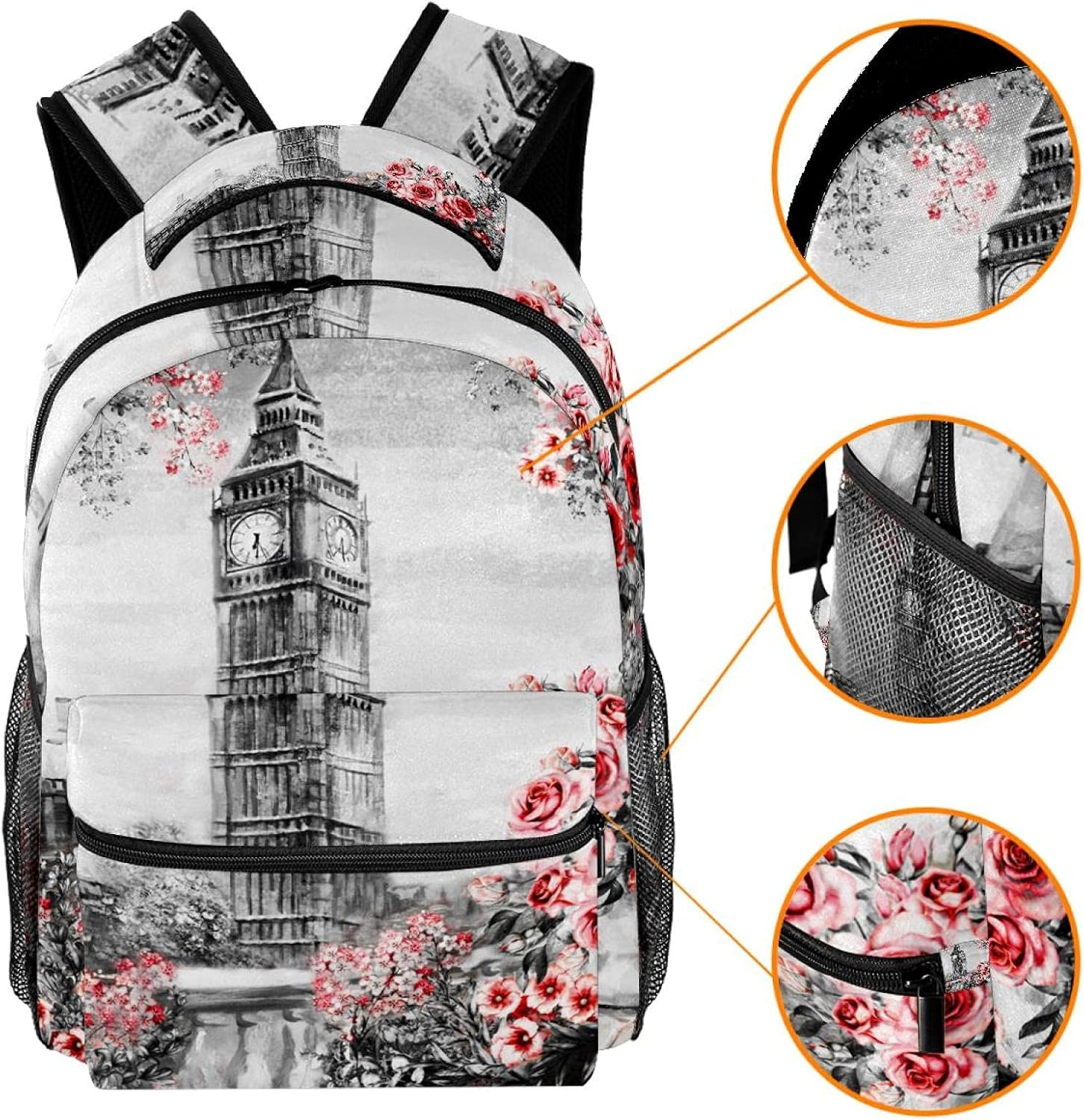 Summer in London Big Ben Flower Rose and Leaf Backpack Students Shoulder Bags Travel Bag College School Tote Backpacks