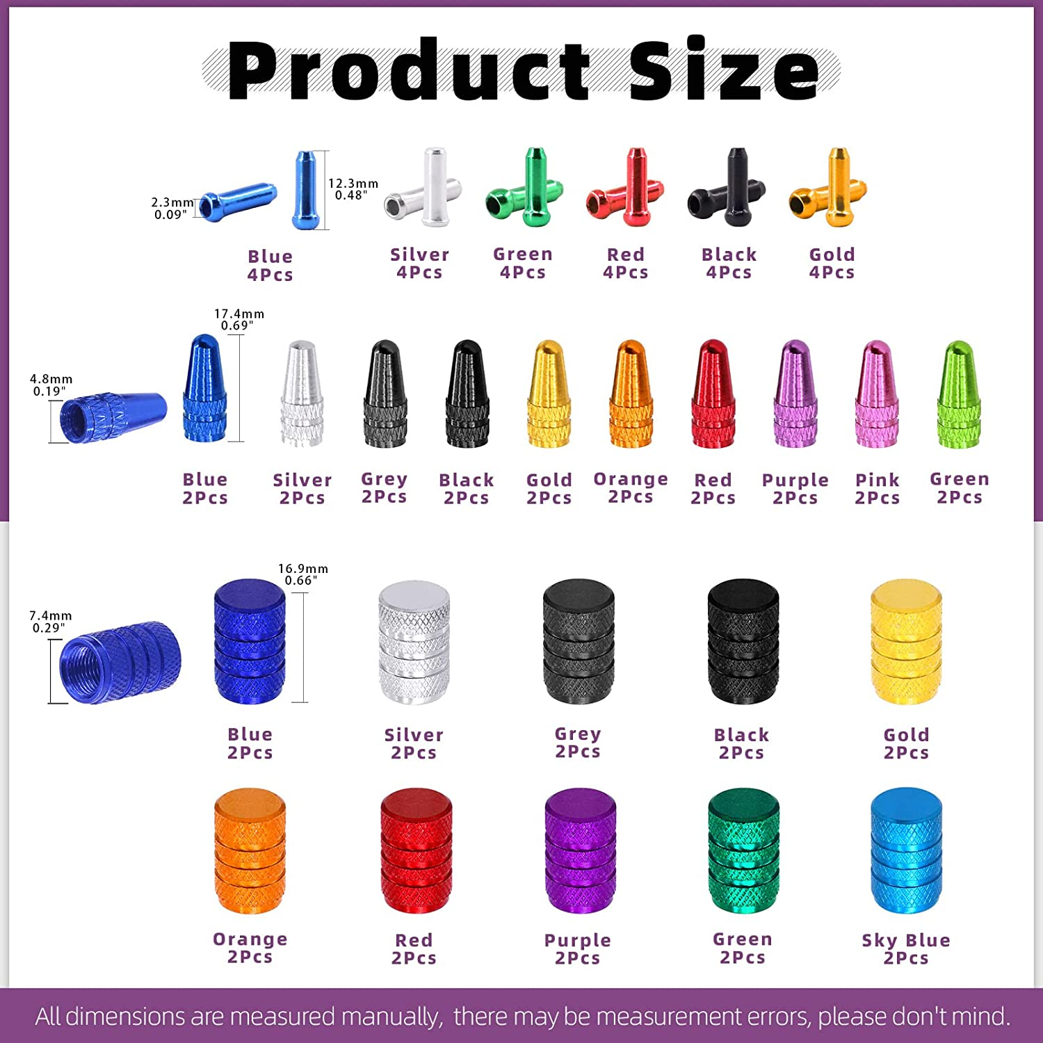 Swpeet 64Pcs 3 Styles Bike Cable End Caps Assortment Kit, Multi Color Anodized Aluminum Alloy Cycling Valve Cap Adapter Cap Bicycle Bike Tire Caps for Bicycle Bike Tire Caps image number 1