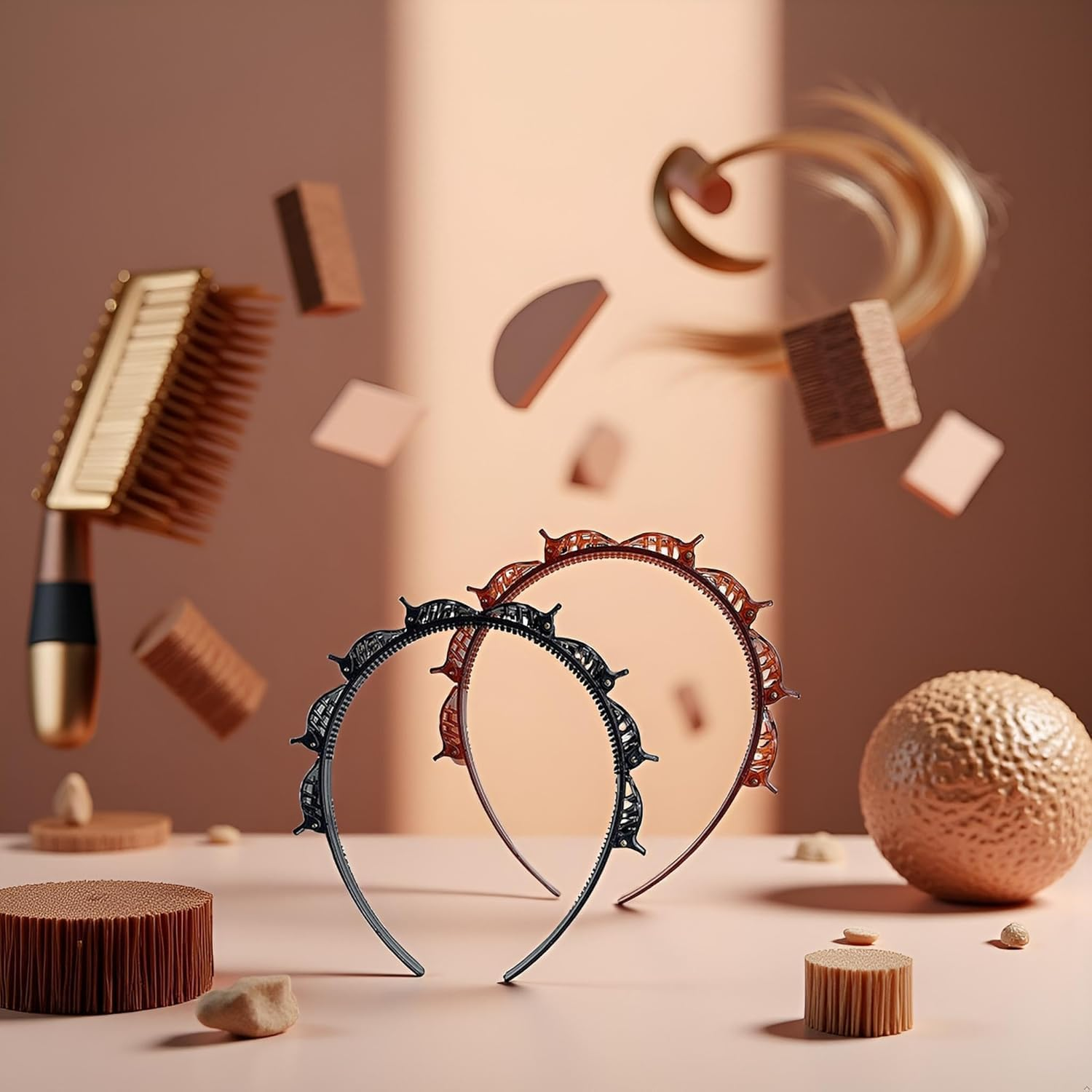 4Pcs Double Bangs Hairstyle Hairpin Headband with 8 Small Clip,Women Double Layer Twist Plait Hair Tools for Curly,Thick Hairs,Toothed Hair Bands Braid Tool Hair Accessories,Black and Reddish Brown image number 6