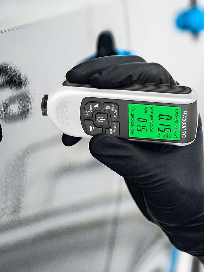 Abizarch Paint Thickness Gauge Meter Fe/Nfe Probe Coating Thickness Gauge Professional Multifunctional Car Paint Depth Gauge Test Precise HW-300PRO for Car Automatic Detection(Black) (White)
