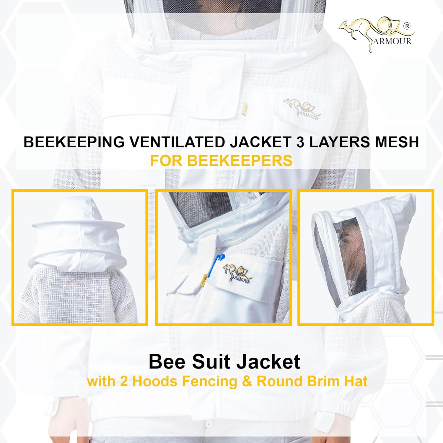 Beekeeping Jacket 3 Layer Ventilated Beekeeper Costume with 2 Hoods Fencing & round Brim Hat (Xx-Large)