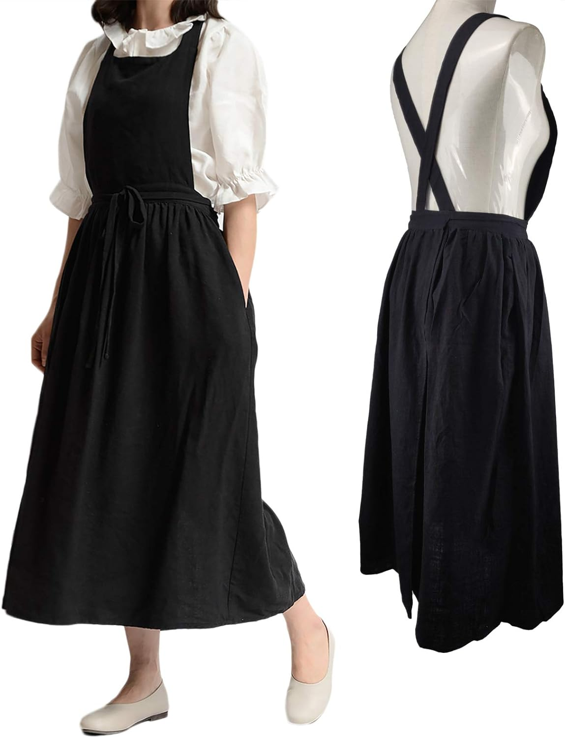 Pleated Cotton Long Apron X Back Kitchen Garden Florist Work Clothes Bib Dress image number 6