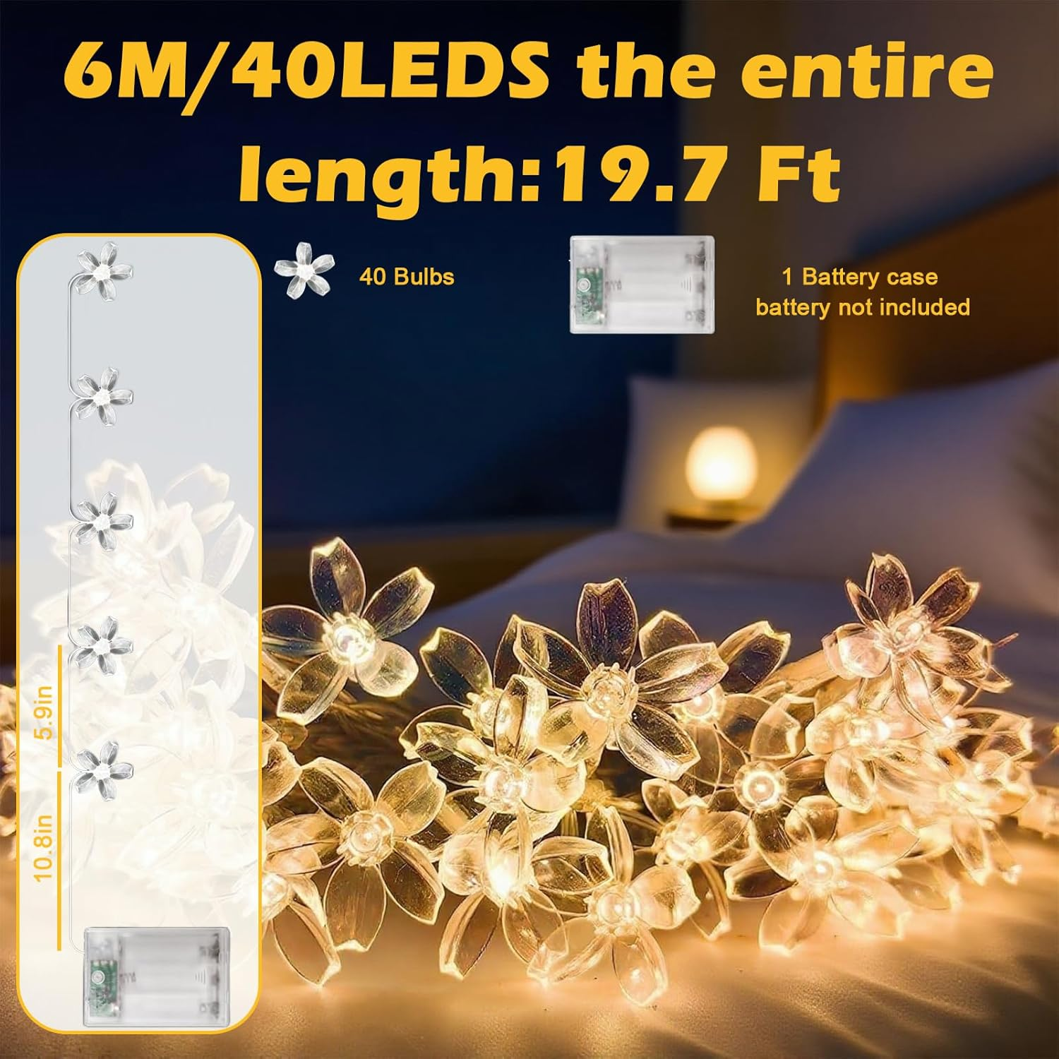 6M 40LED Fairy Lights, Cherry Blossom Fairy Lights Indoor, Battery Operated String Lights Waterproof for Camping, Garden Fence, Birthday, Easter, Christmas, Wedding Party, Bedroom (Warm White) image number 1