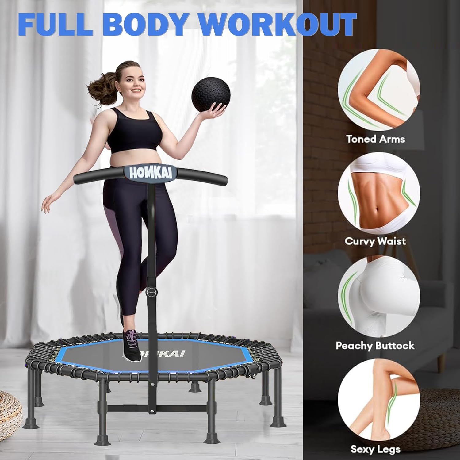 HOMKAI 51" Foldable Mini Trampoline Rebounder, Fitness Trampolines, T Shape Adjustable Foam Handle, Stable & Quiet Exercise Rebounder for Kids Adults Indoor Outdoor Workout image number 6