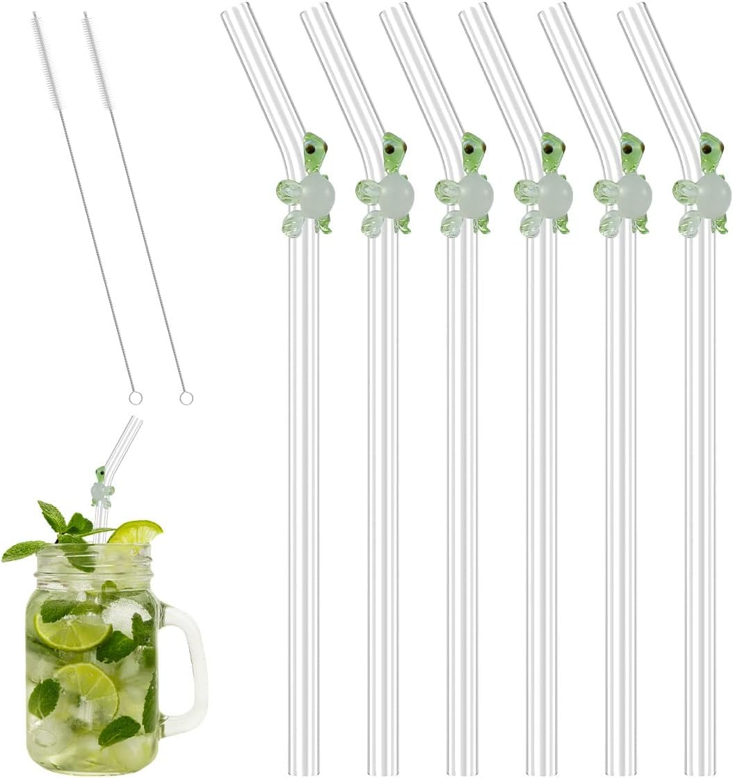 6Pcs Reusable Drinking Straws Clear Glass Drinking Staws with Cleaning Brush Cute Flower Heart Straws for Smoothies Tea Juice Milkshakes (Turtle)