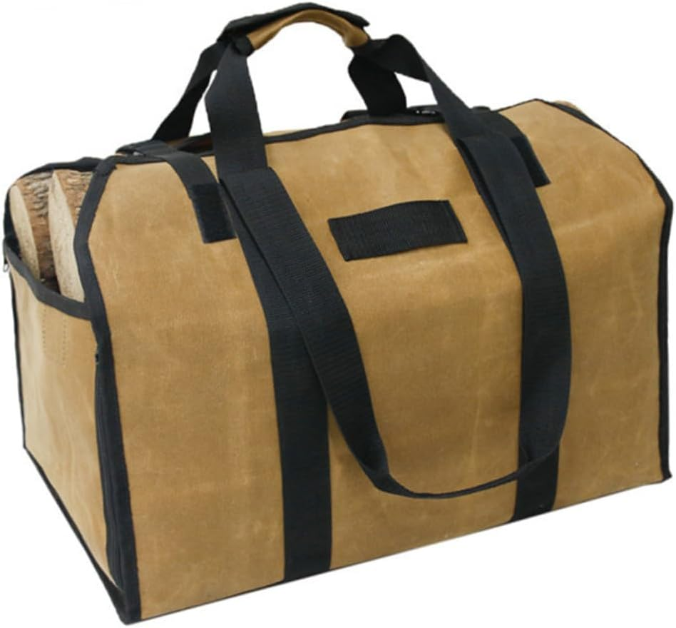 SECFOU Waxed Canvas Firewood Handbag Capacity Log Tote with Metal Buckle Handles for Outdoor Grilling and Fireplace Storage