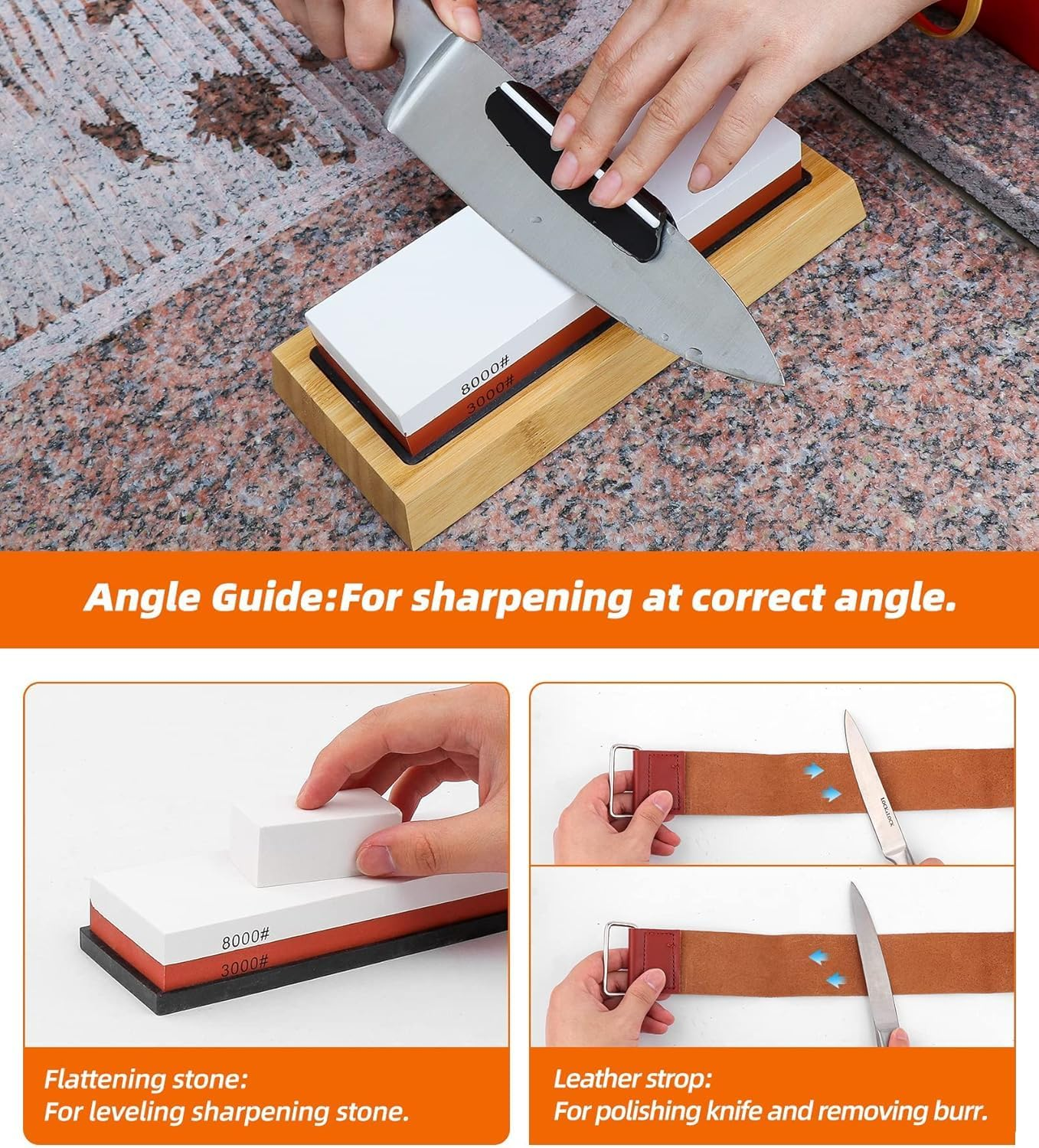 Knife Sharpening Stone with Non-Slip Rubber Base, 400/1000+3000/8000 Grit Premium Whetstone, Sharpening Stone Whetstone Set Kitchen Knife Sharpener Stone Wet Stones for Sharping(Nd-Z565-8) image number 5